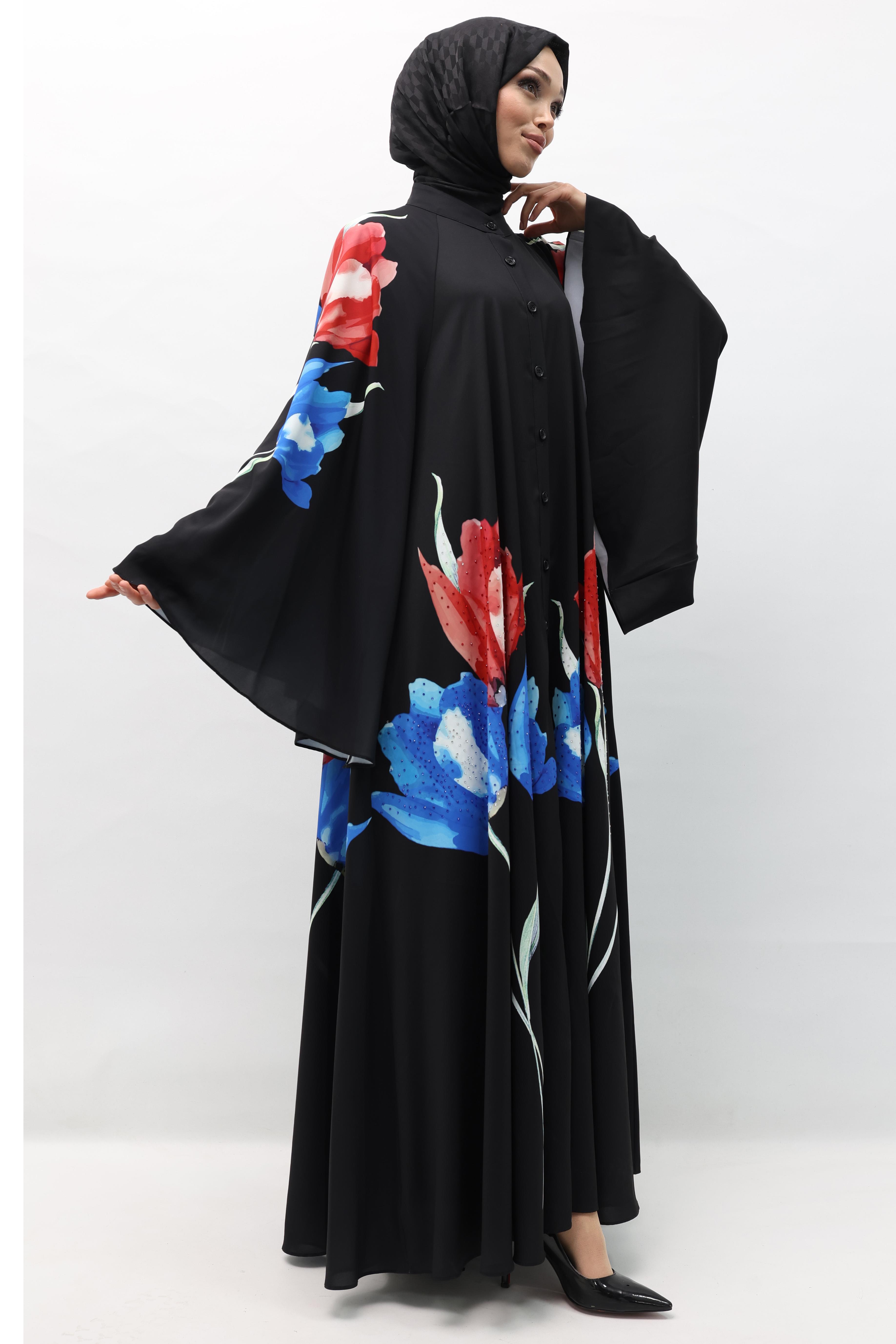 Çiçekli Saten Ferace Siyah OTW339