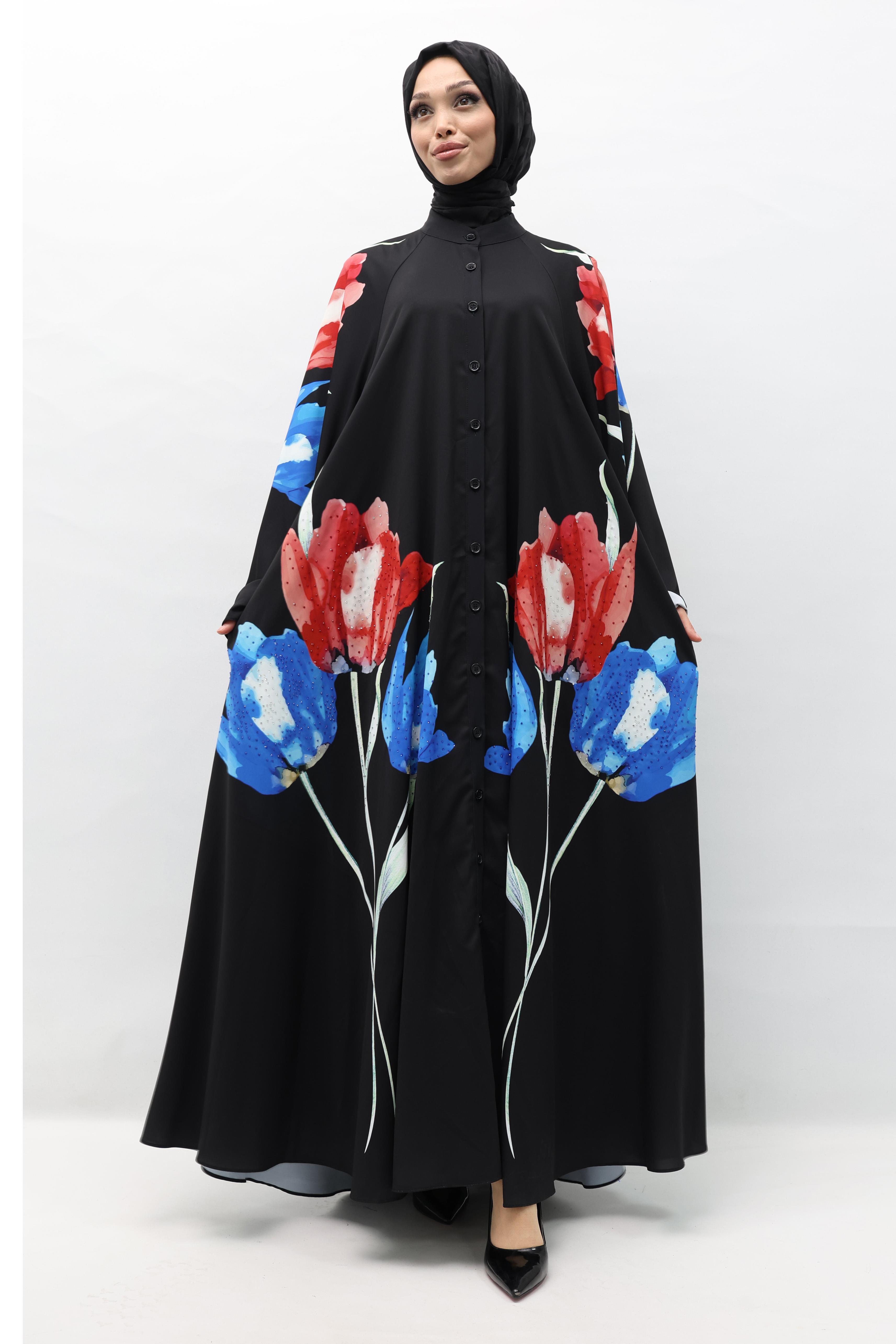 Çiçekli Saten Ferace Siyah OTW339