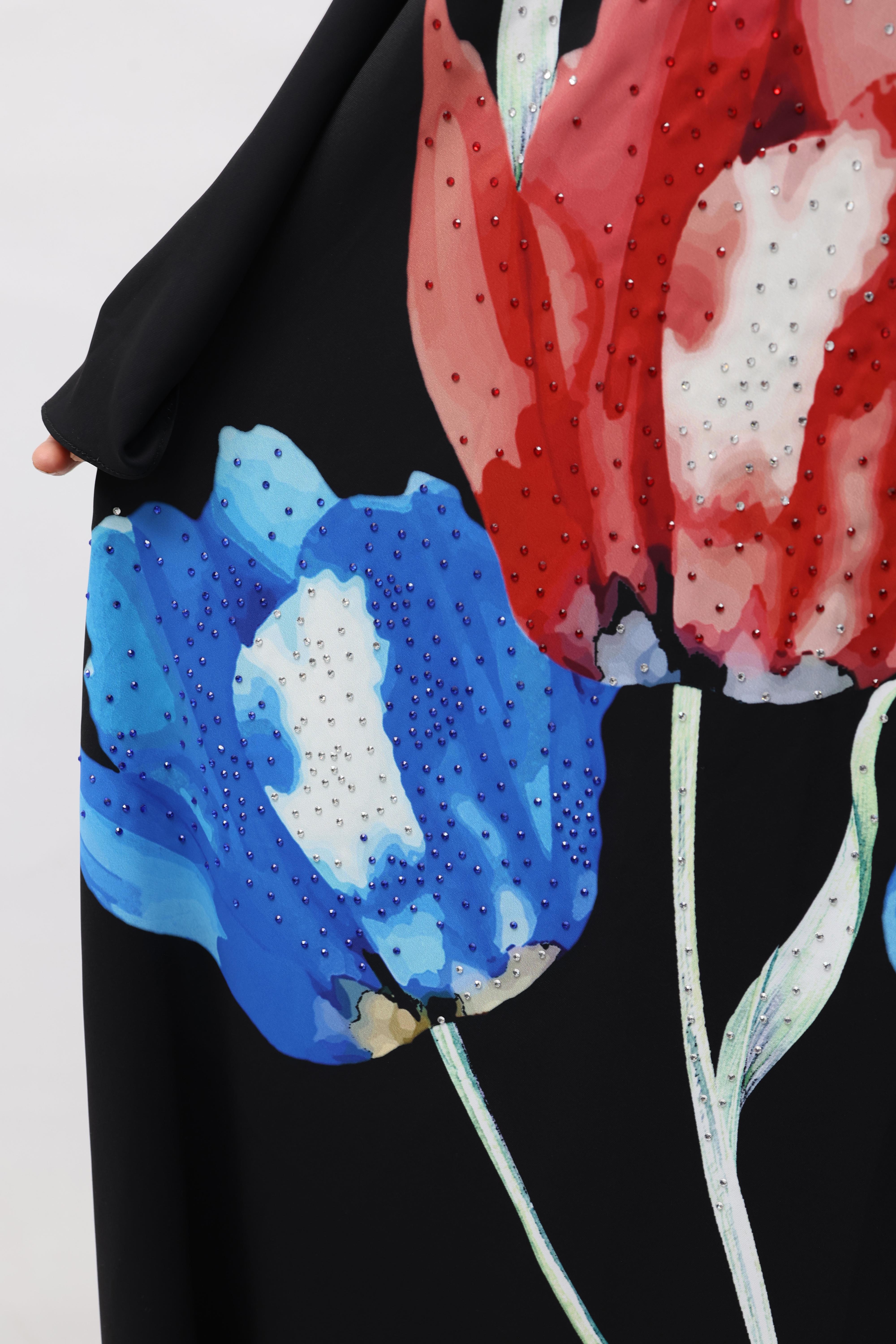 Çiçekli Saten Ferace Siyah OTW339