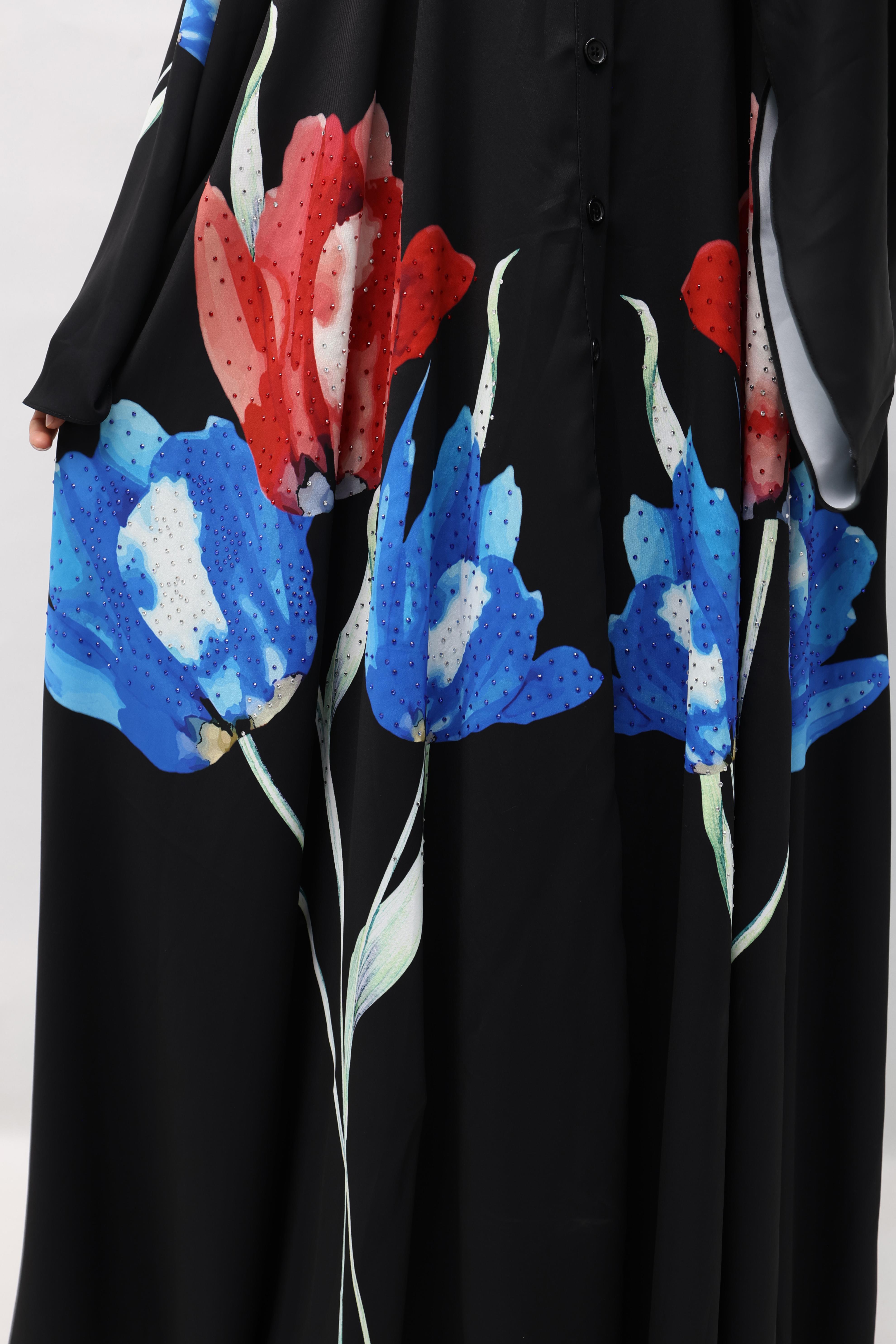 Çiçekli Saten Ferace Siyah OTW339