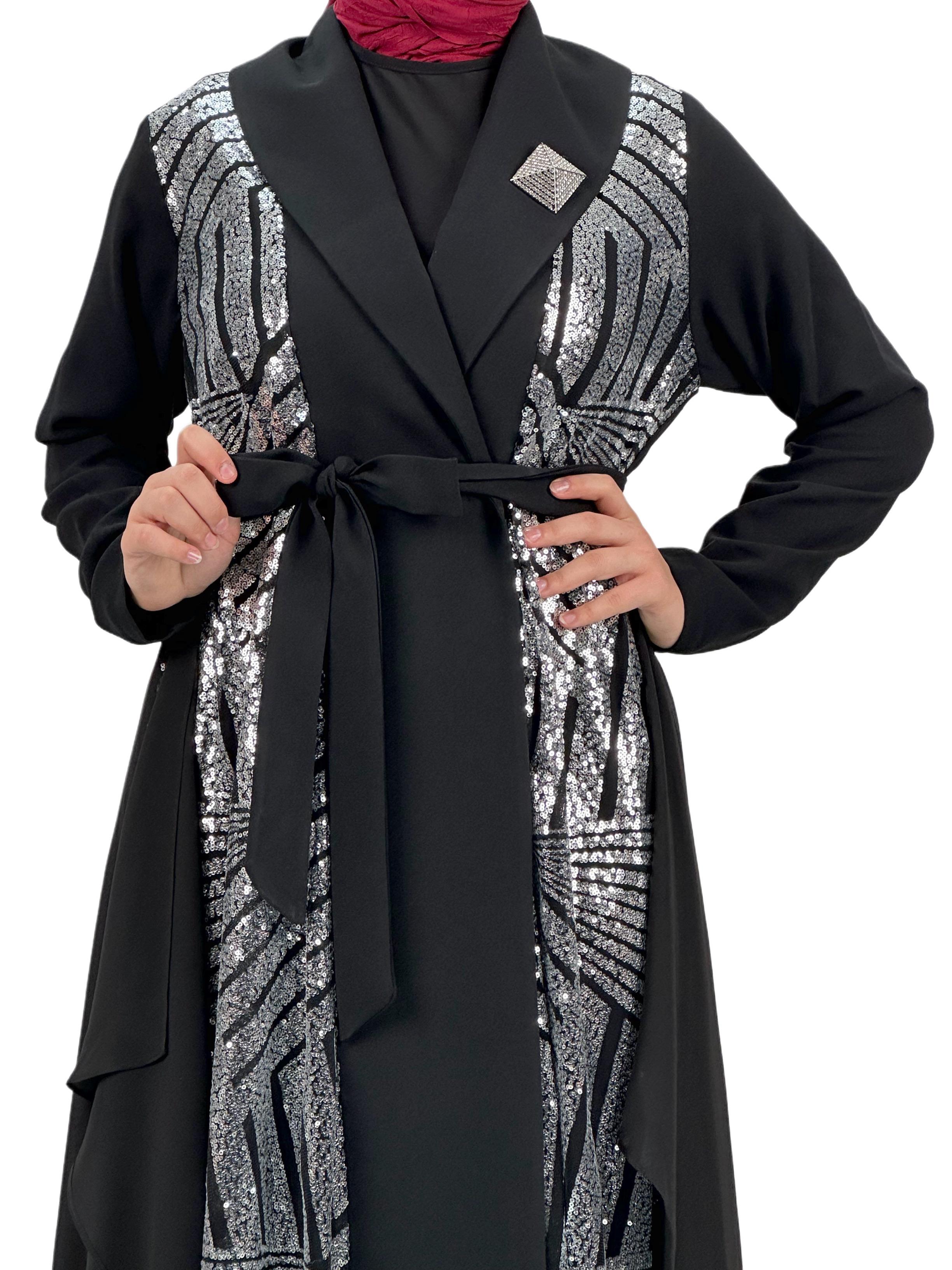 Çıtçıtlı Abaya Siyah-Gümüş OTW1129