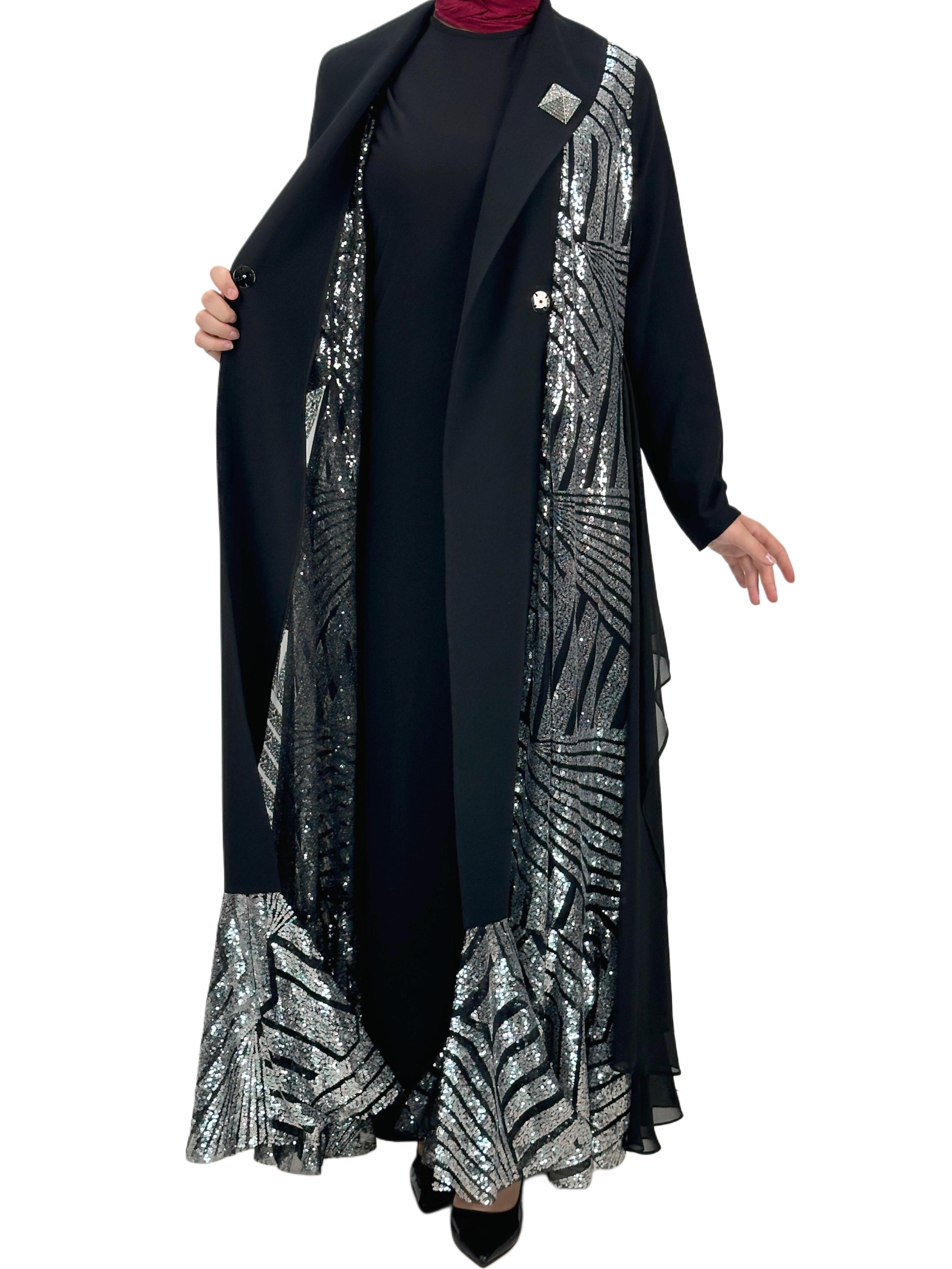 Çıtçıtlı Abaya Siyah-Gümüş OTW1129
