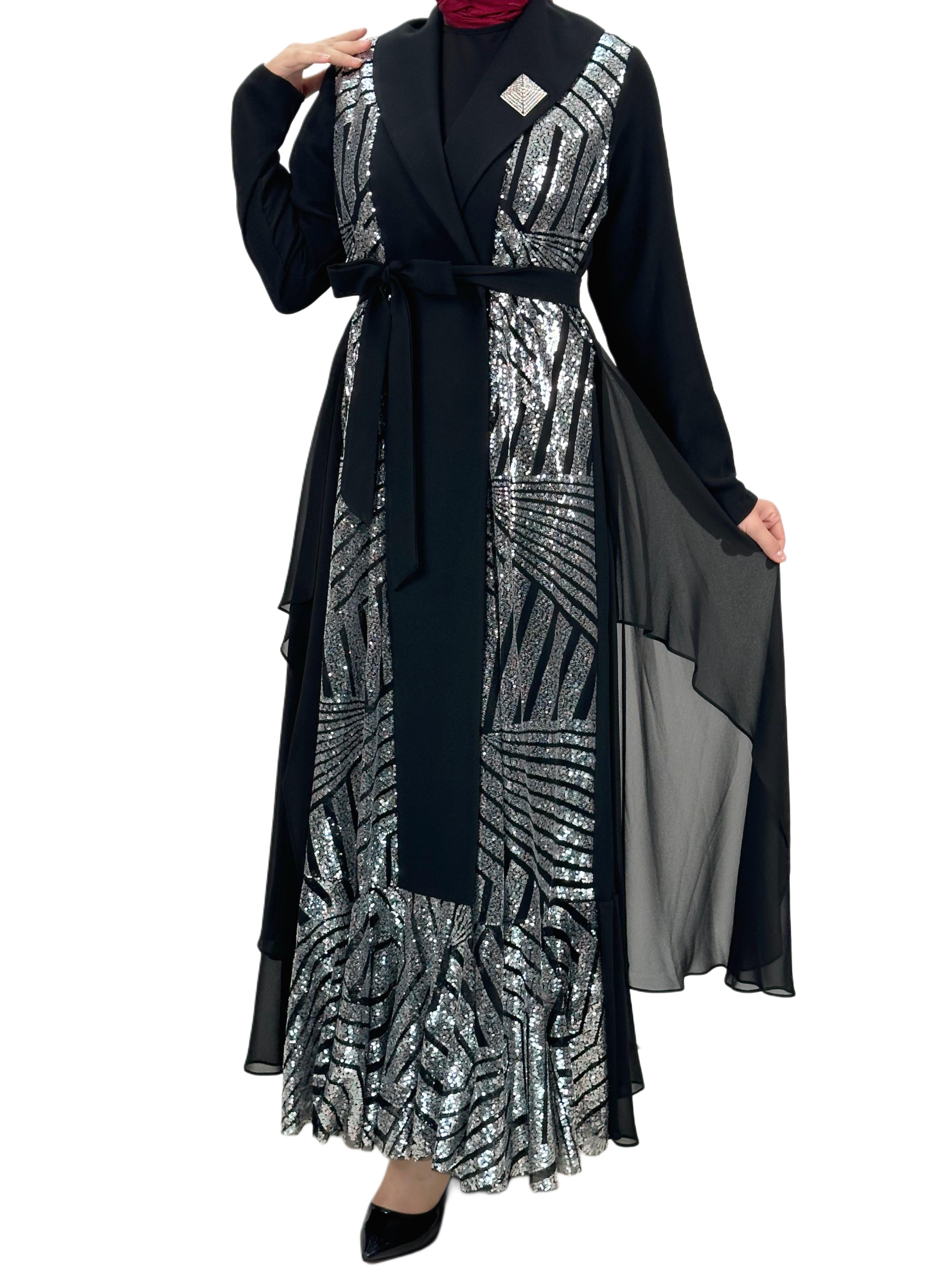 Çıtçıtlı Abaya Siyah-Gümüş OTW1129