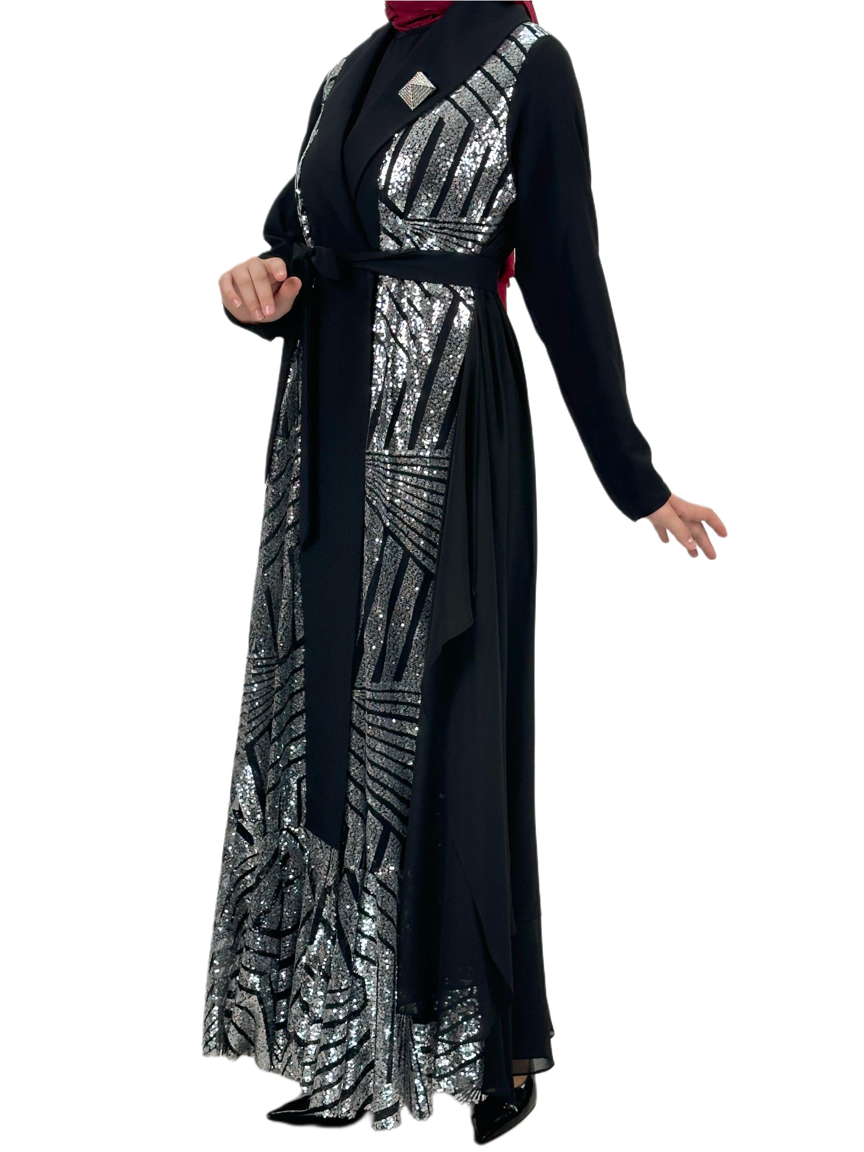 Çıtçıtlı Abaya Siyah-Gümüş OTW1129