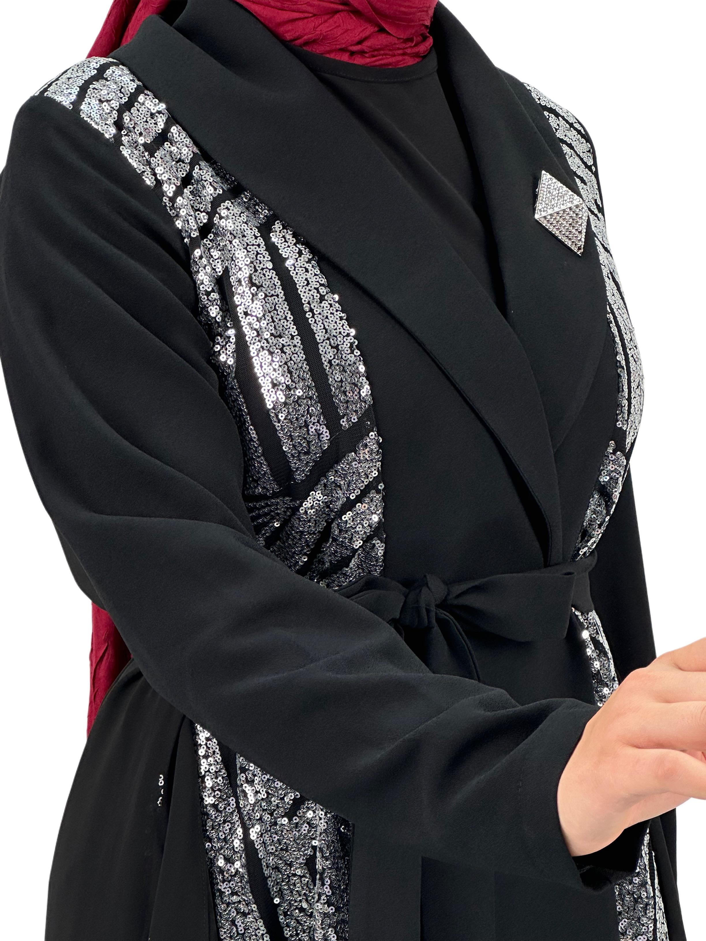 Çıtçıtlı Abaya Siyah-Gümüş OTW1129