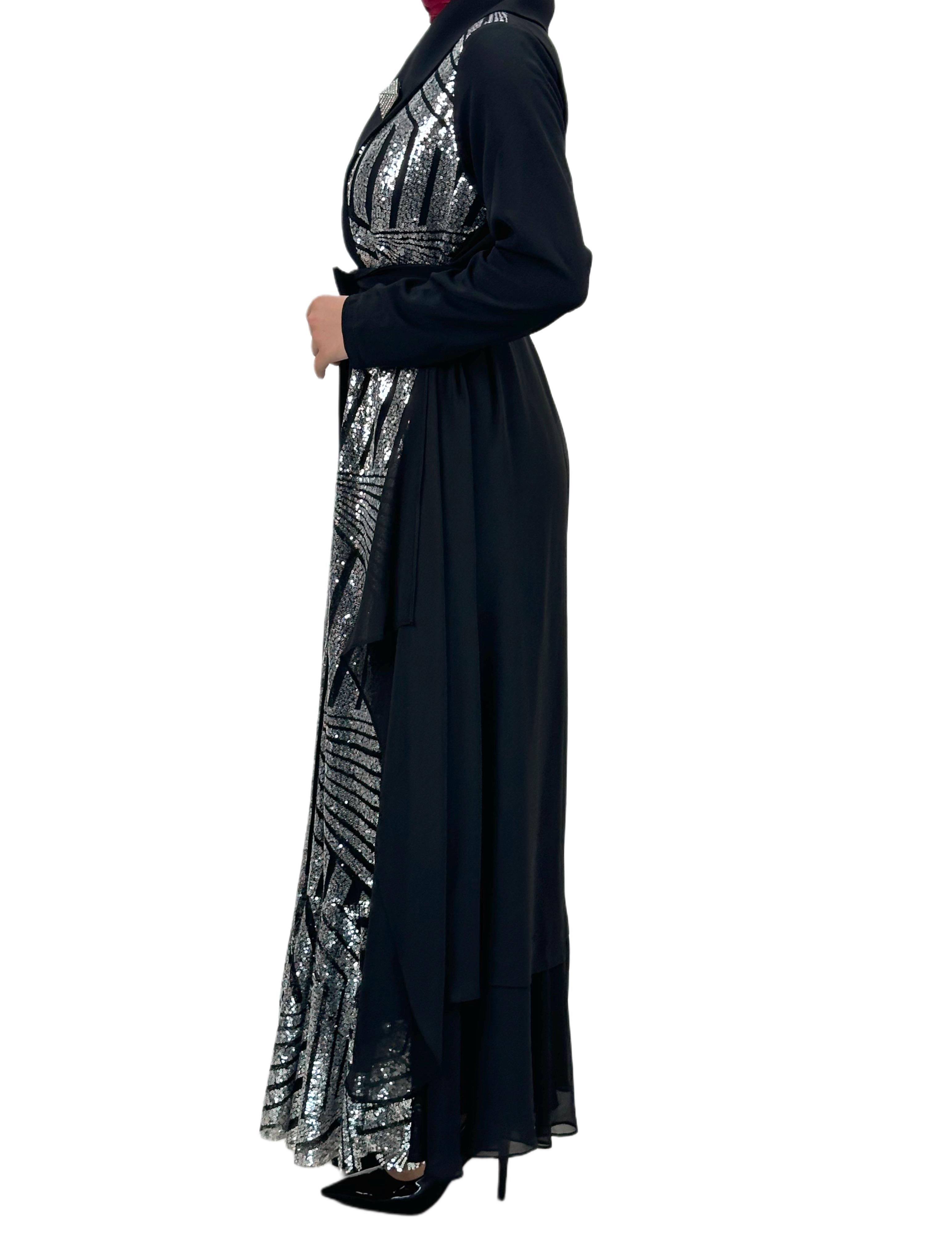 Çıtçıtlı Abaya Siyah-Gümüş OTW1129