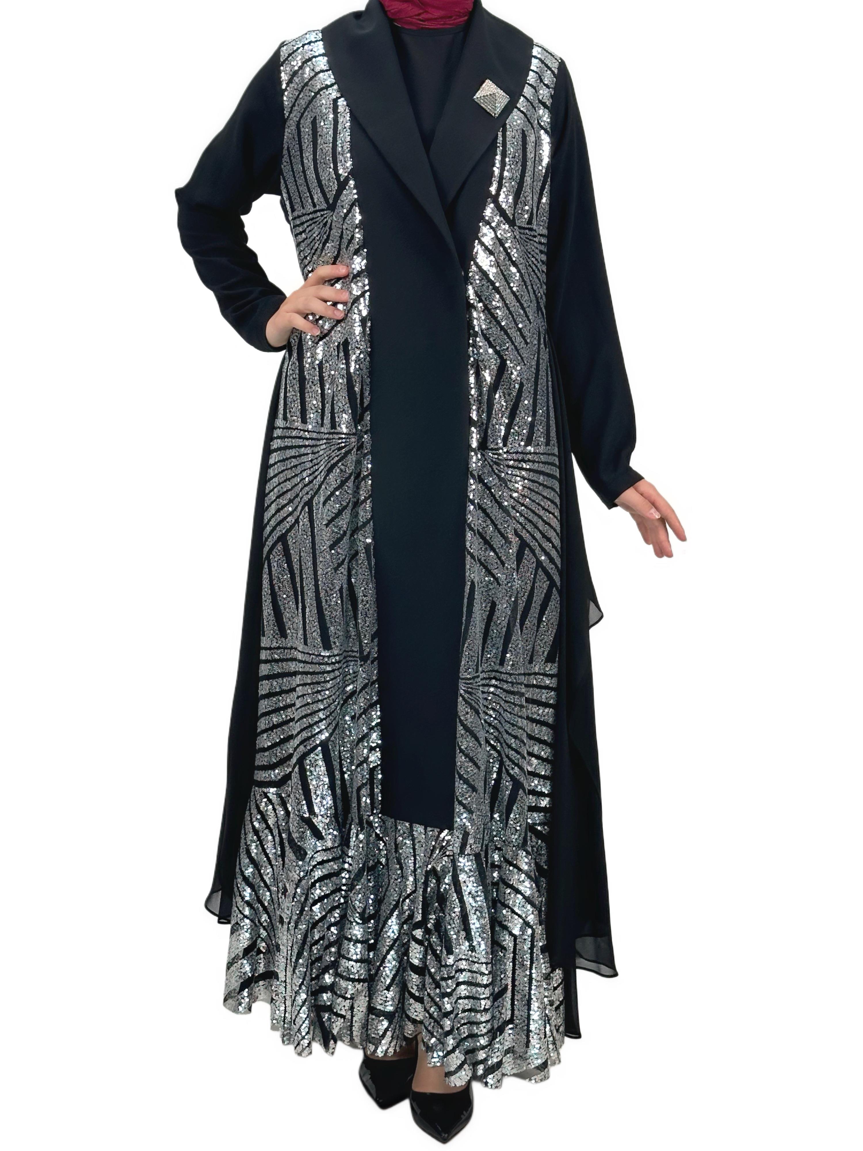 Çıtçıtlı Abaya Siyah-Gümüş OTW1129