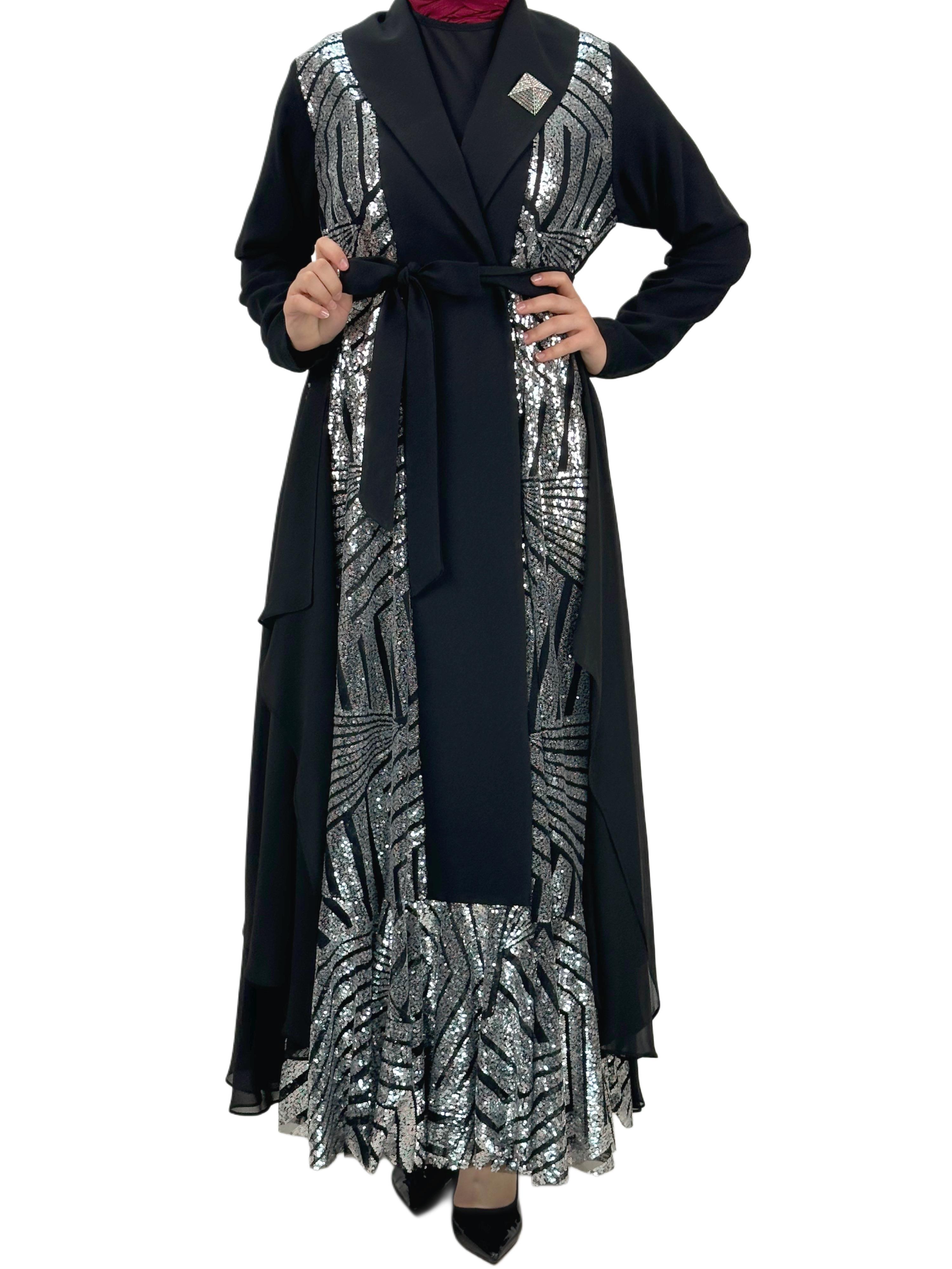 Çıtçıtlı Abaya Siyah-Gümüş OTW1129