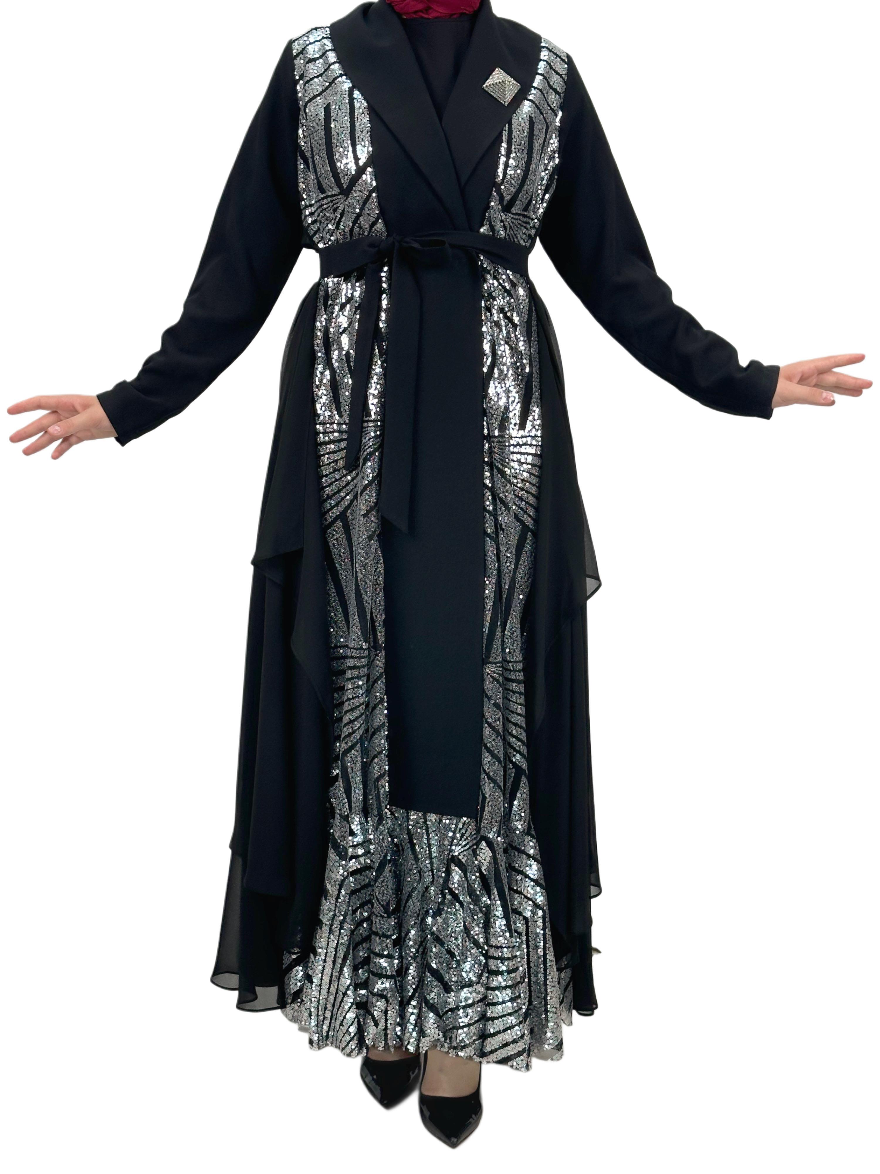 Çıtçıtlı Abaya Siyah-Gümüş OTW1129