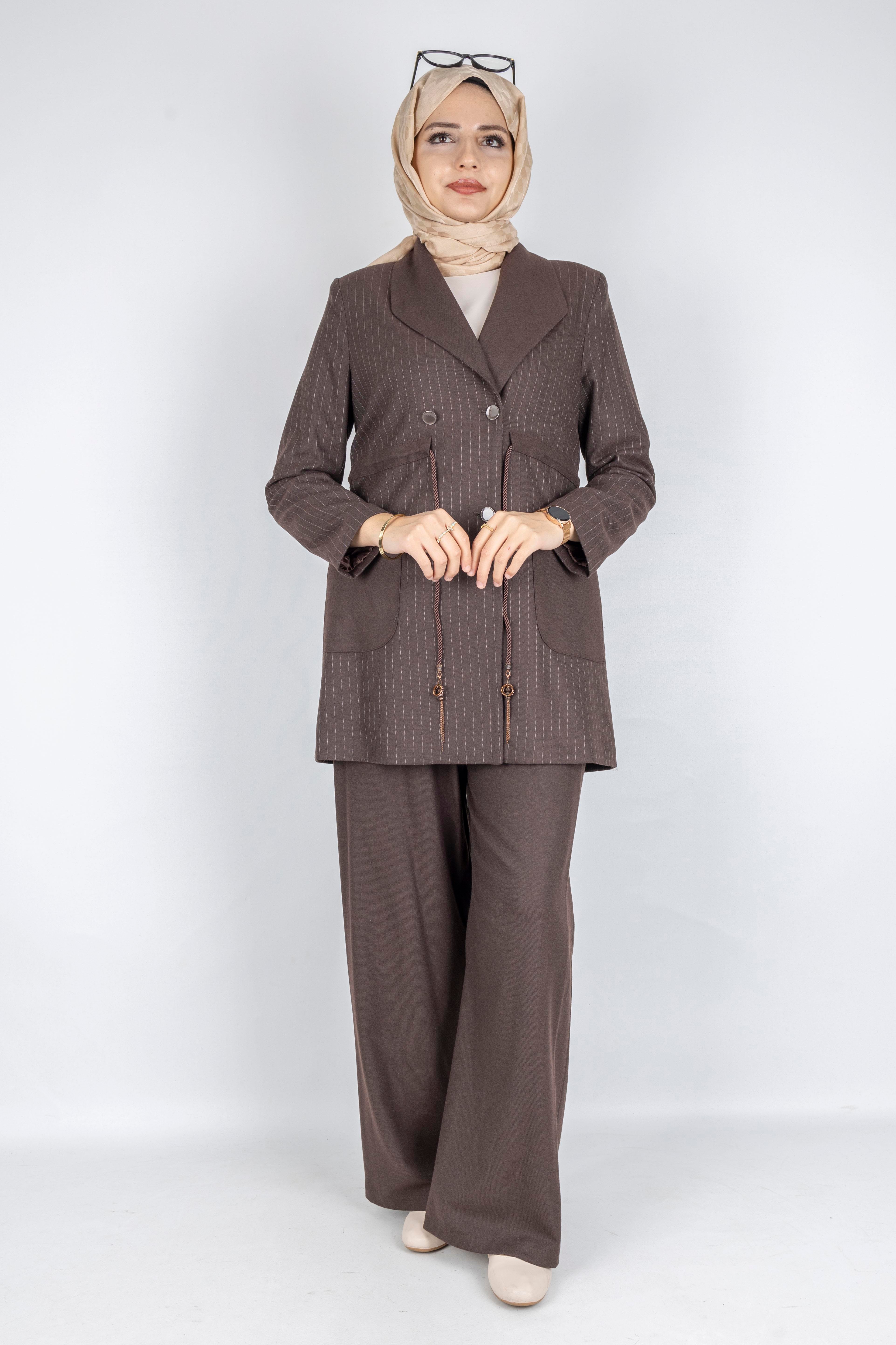 Çizgili Blazer Tesettür Takım Kahve OTW3370