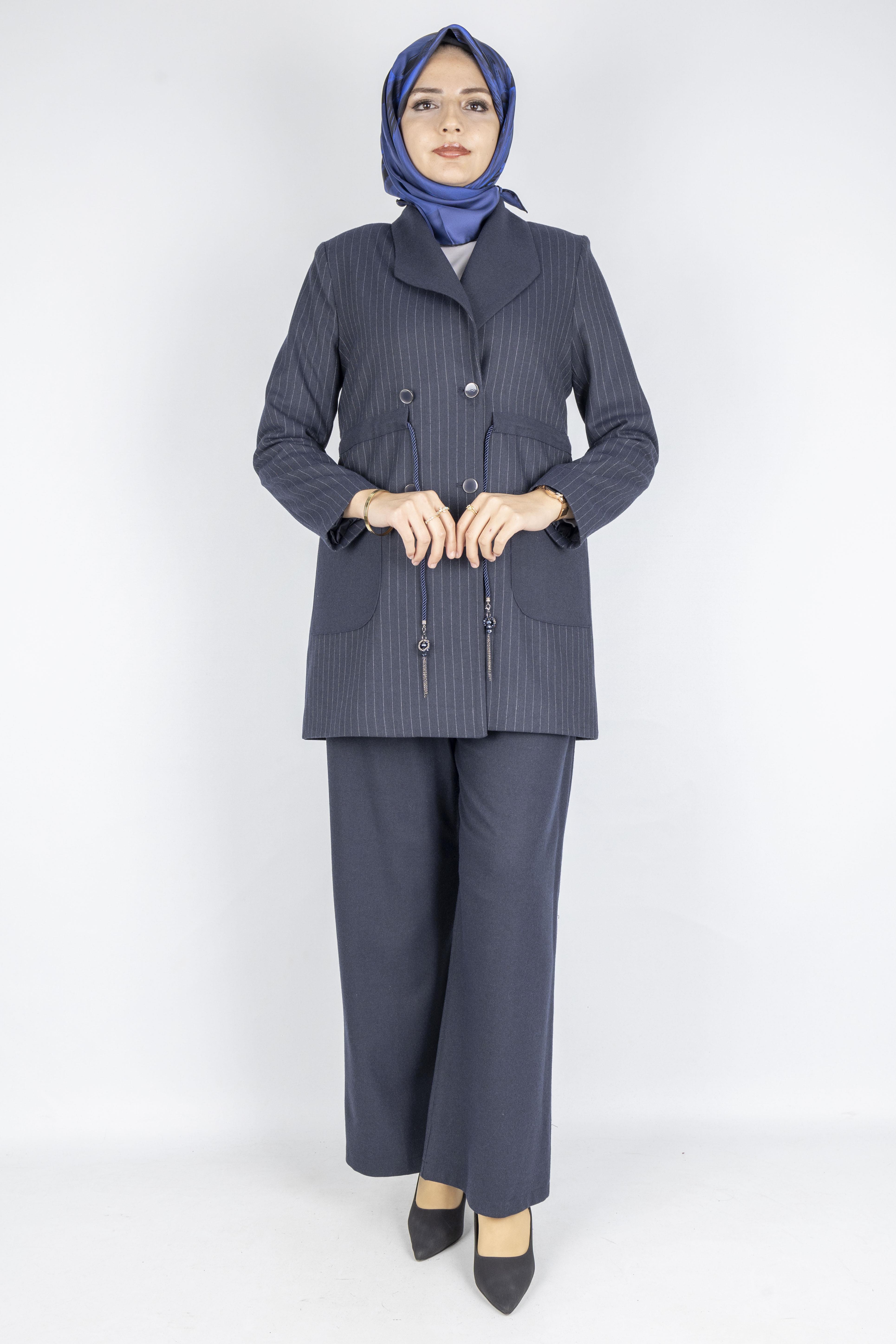 Çizgili Blazer Tesettür Takım Lacivert OTW3370