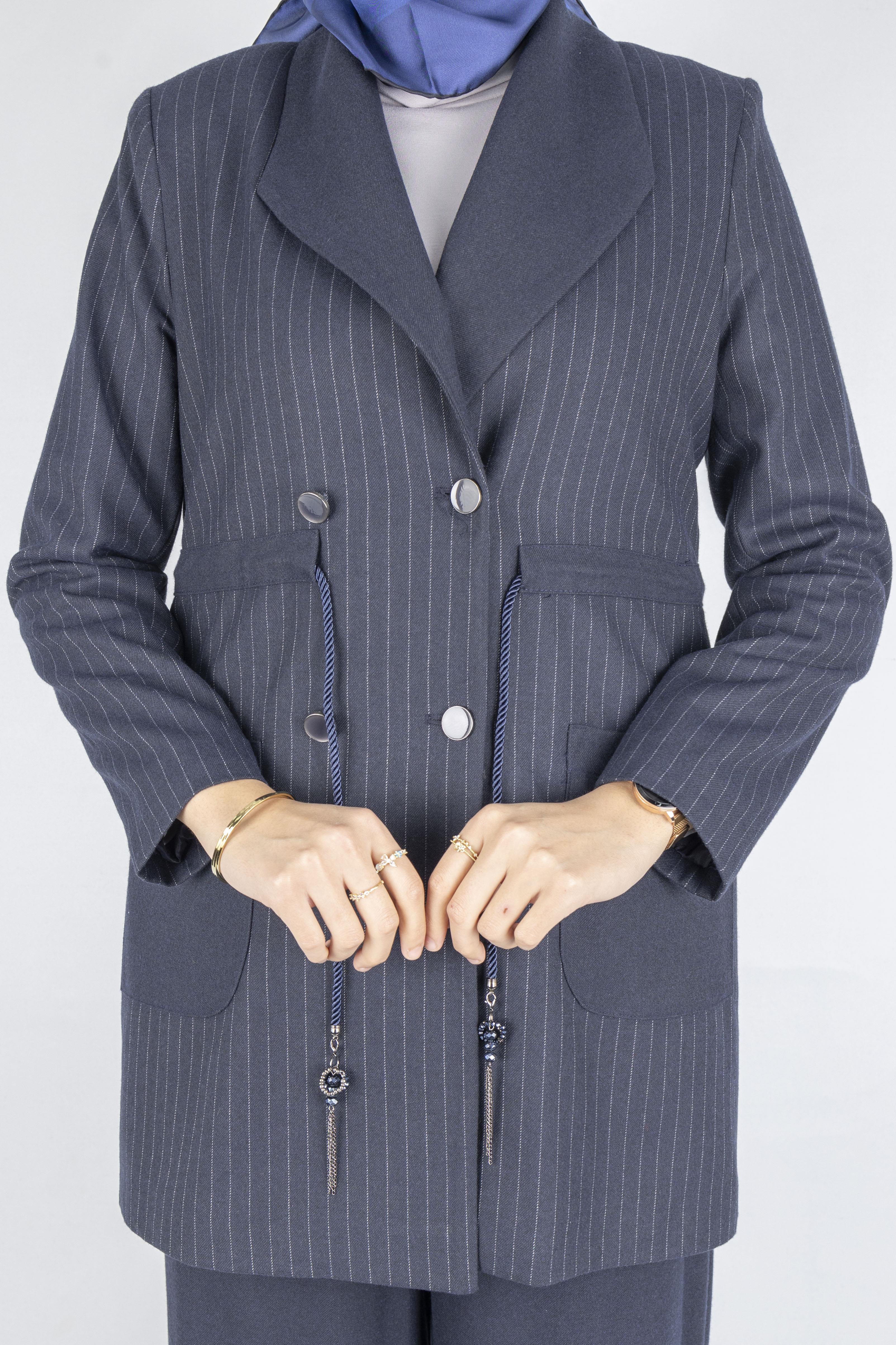 Çizgili Blazer Tesettür Takım Lacivert OTW3370