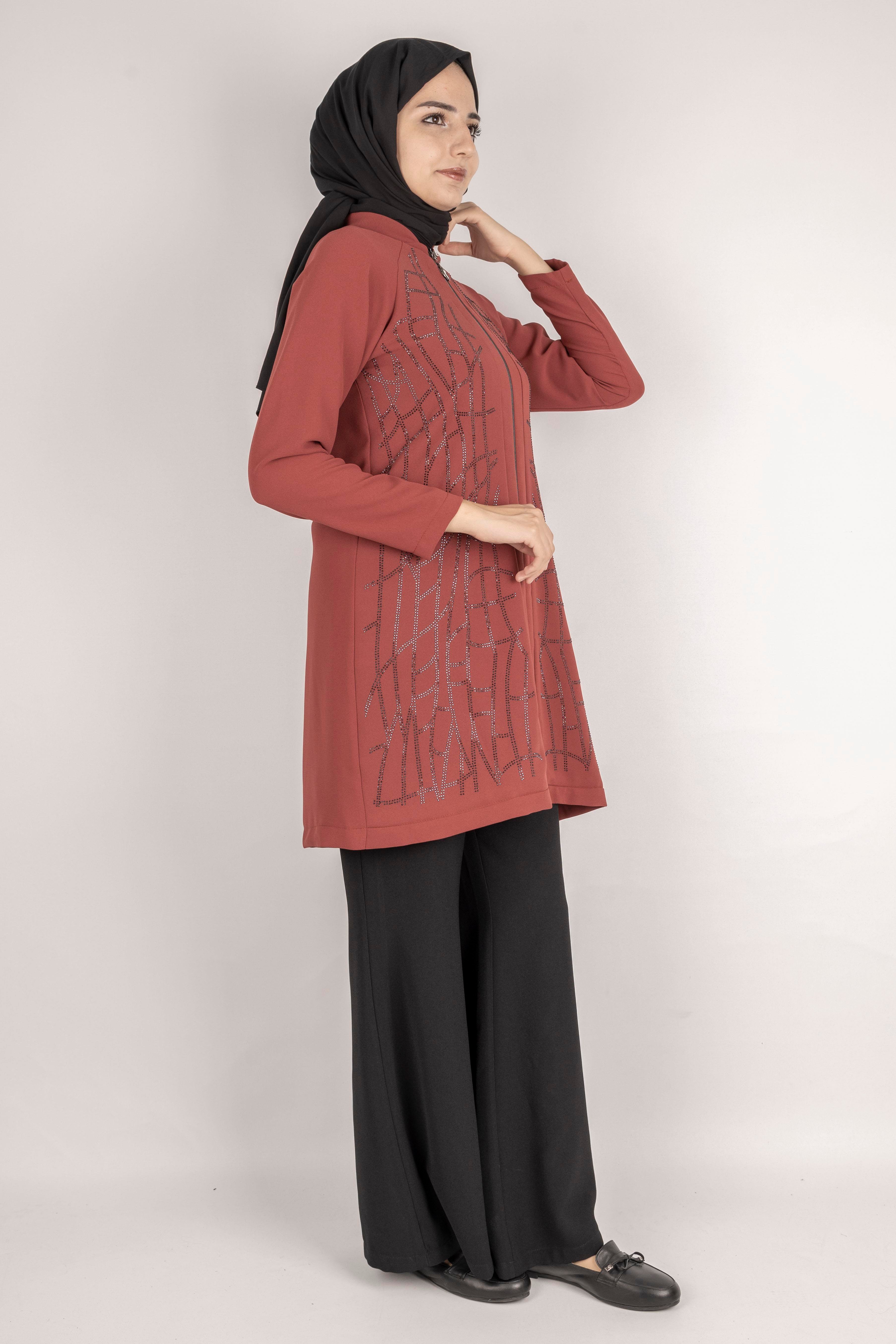 Çizgisel Taş Desenli krep kumaş ceket Taba OTW2160