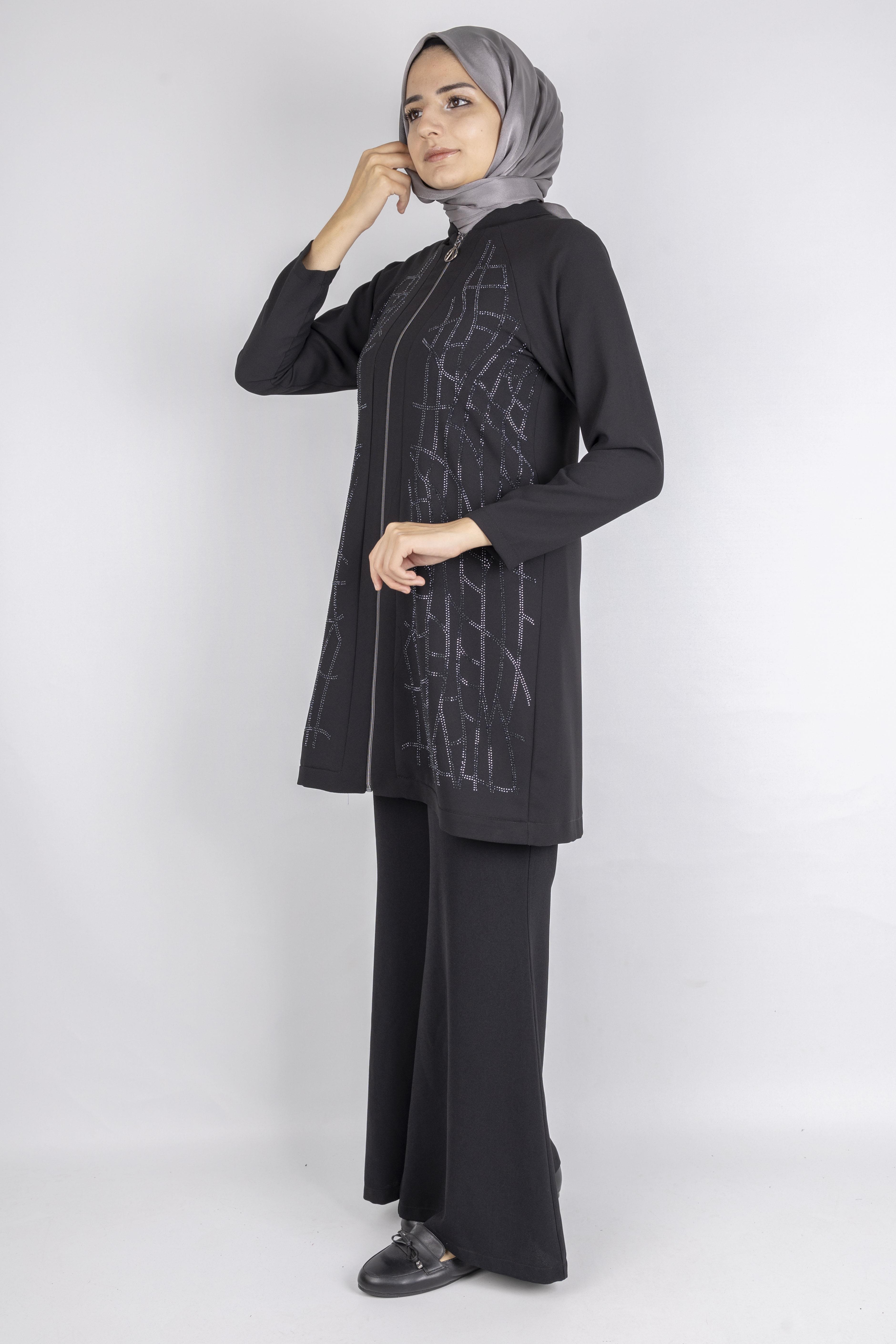 Çizgisel Taş Desenli krep kumaş ceket Siyah OTW2160