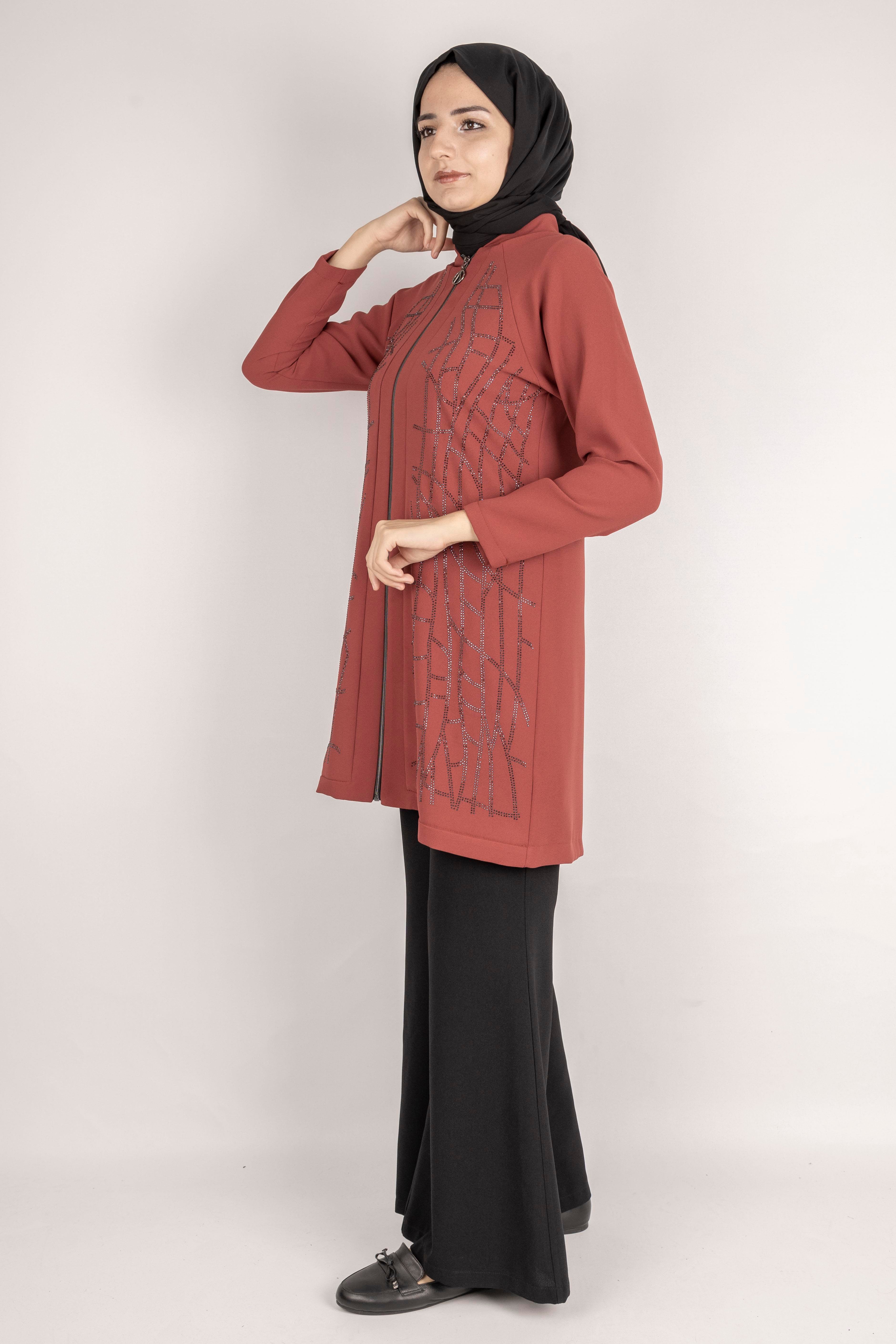 Çizgisel Taş Desenli krep kumaş ceket Taba OTW2160