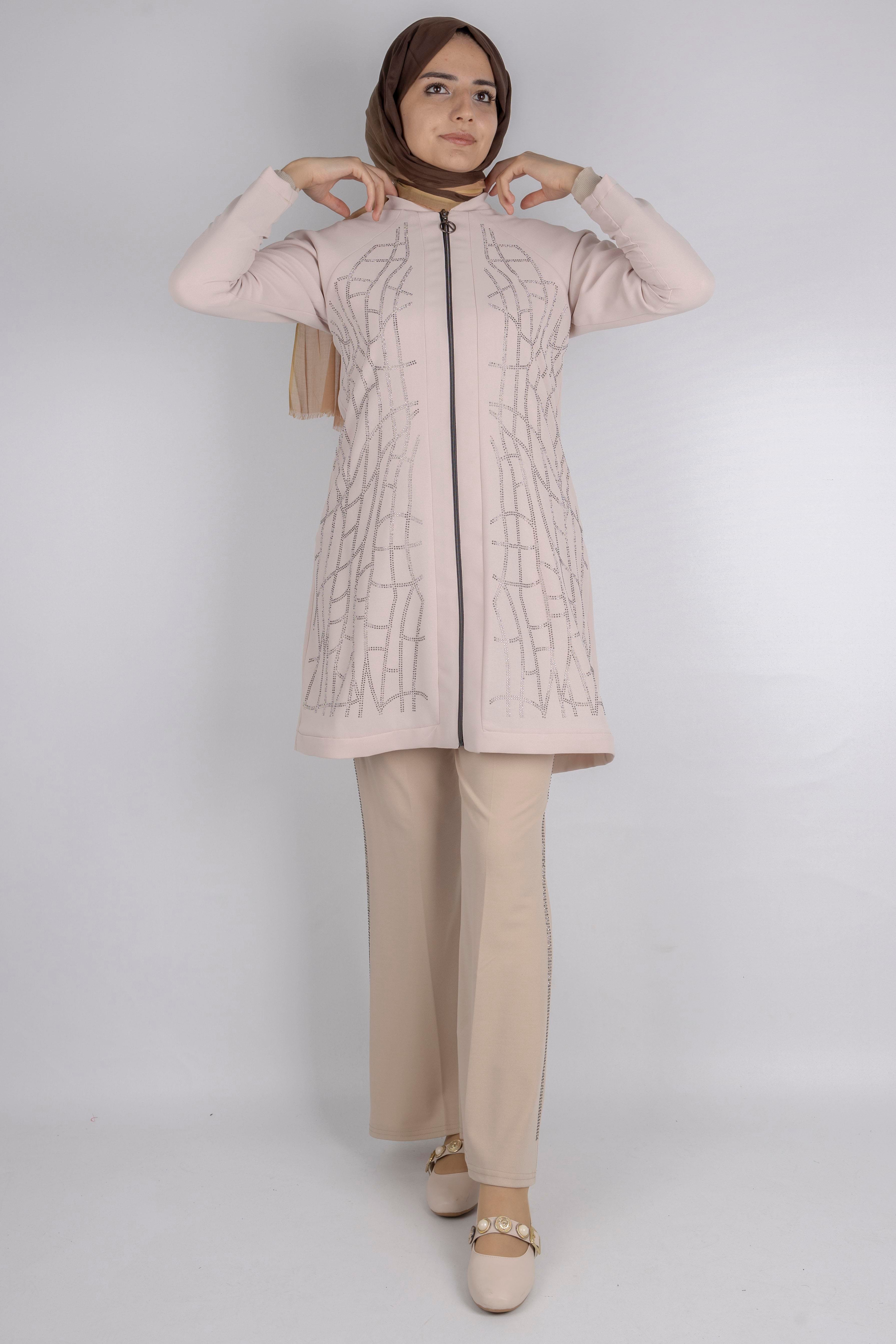 Çizgisel Taş Desenli krep kumaş ceket Taş OTW2160