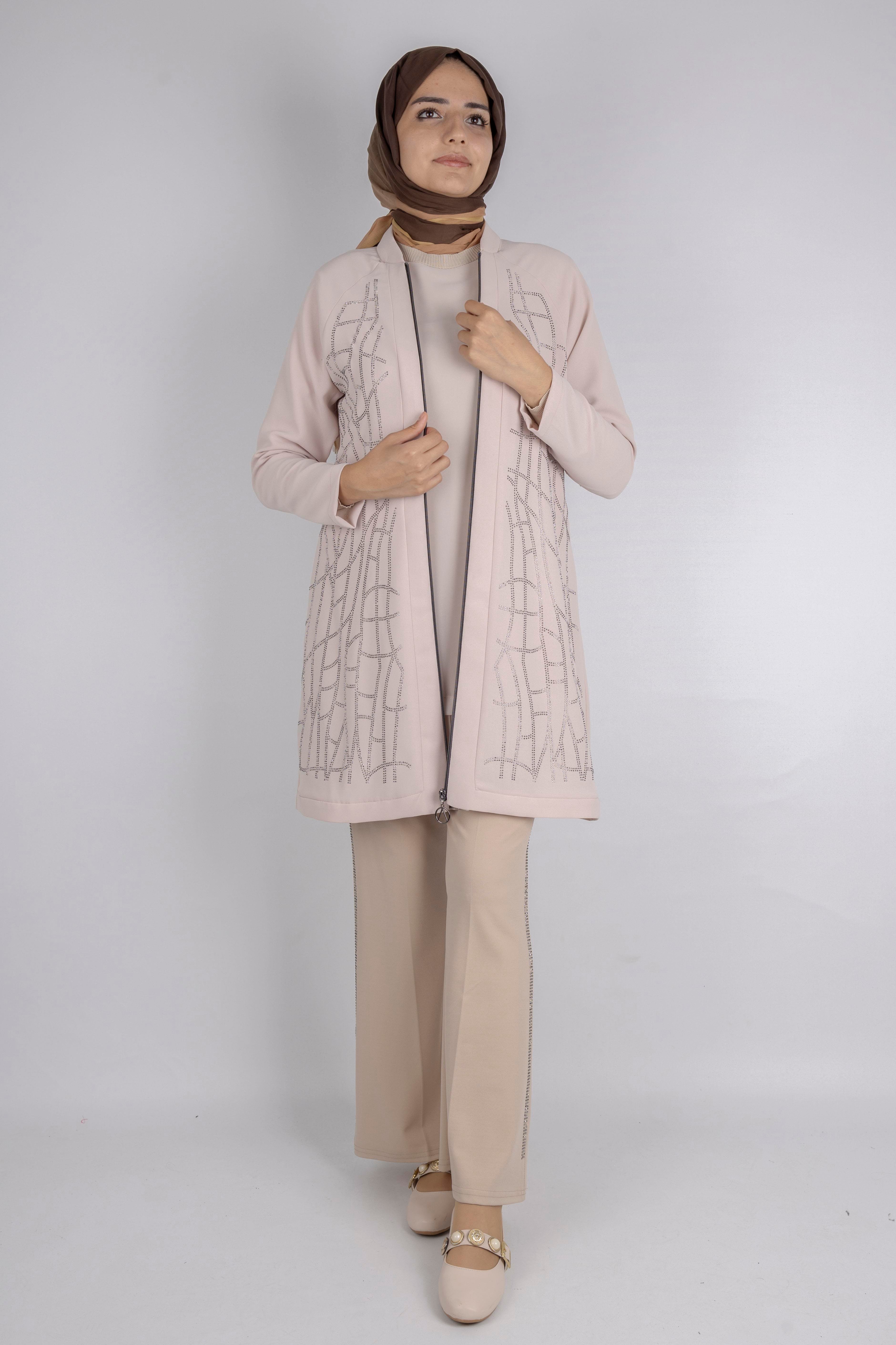 Çizgisel Taş Desenli krep kumaş ceket Taş OTW2160