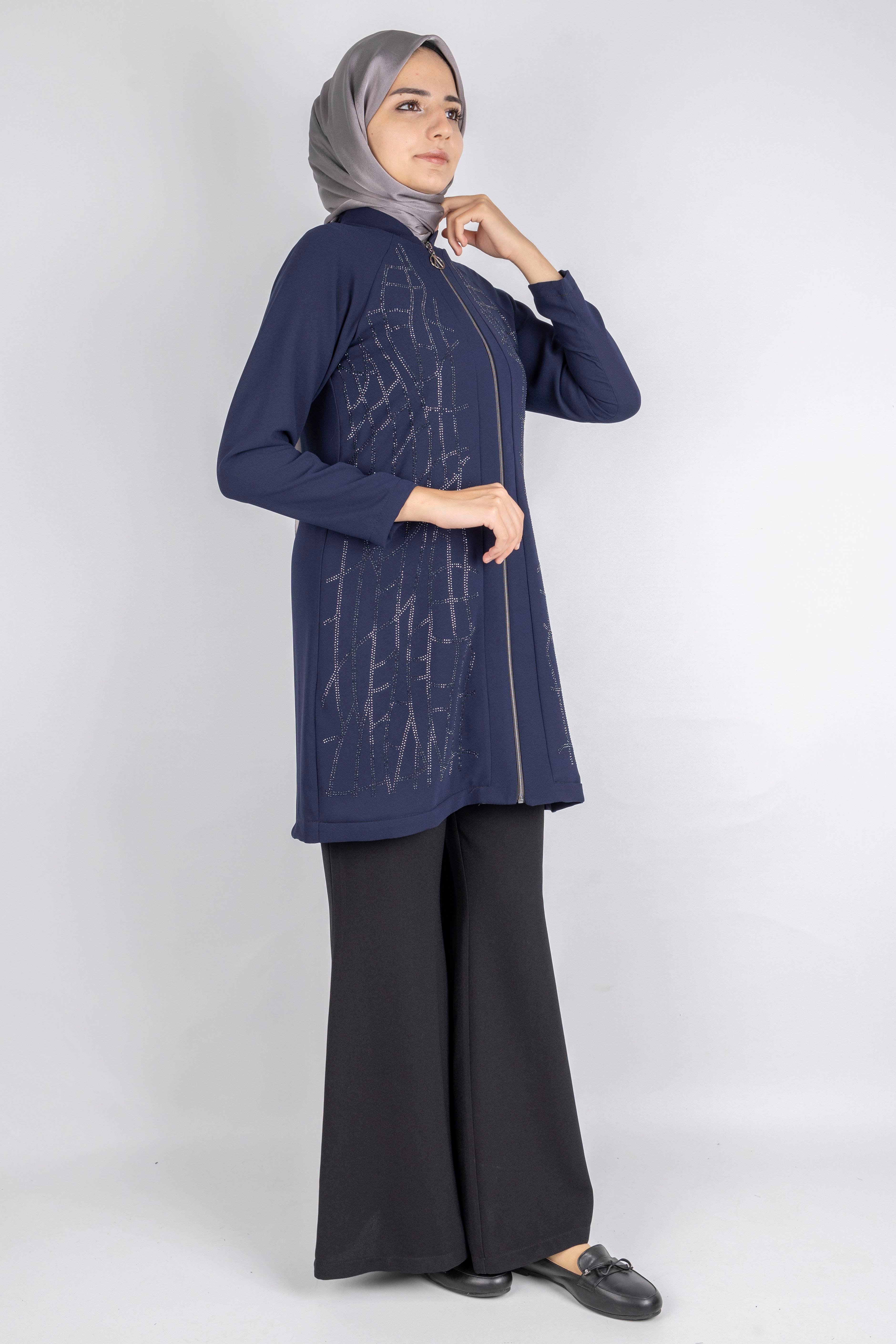 Çizgisel Taş Desenli krep kumaş ceket Lacivert OTW2160