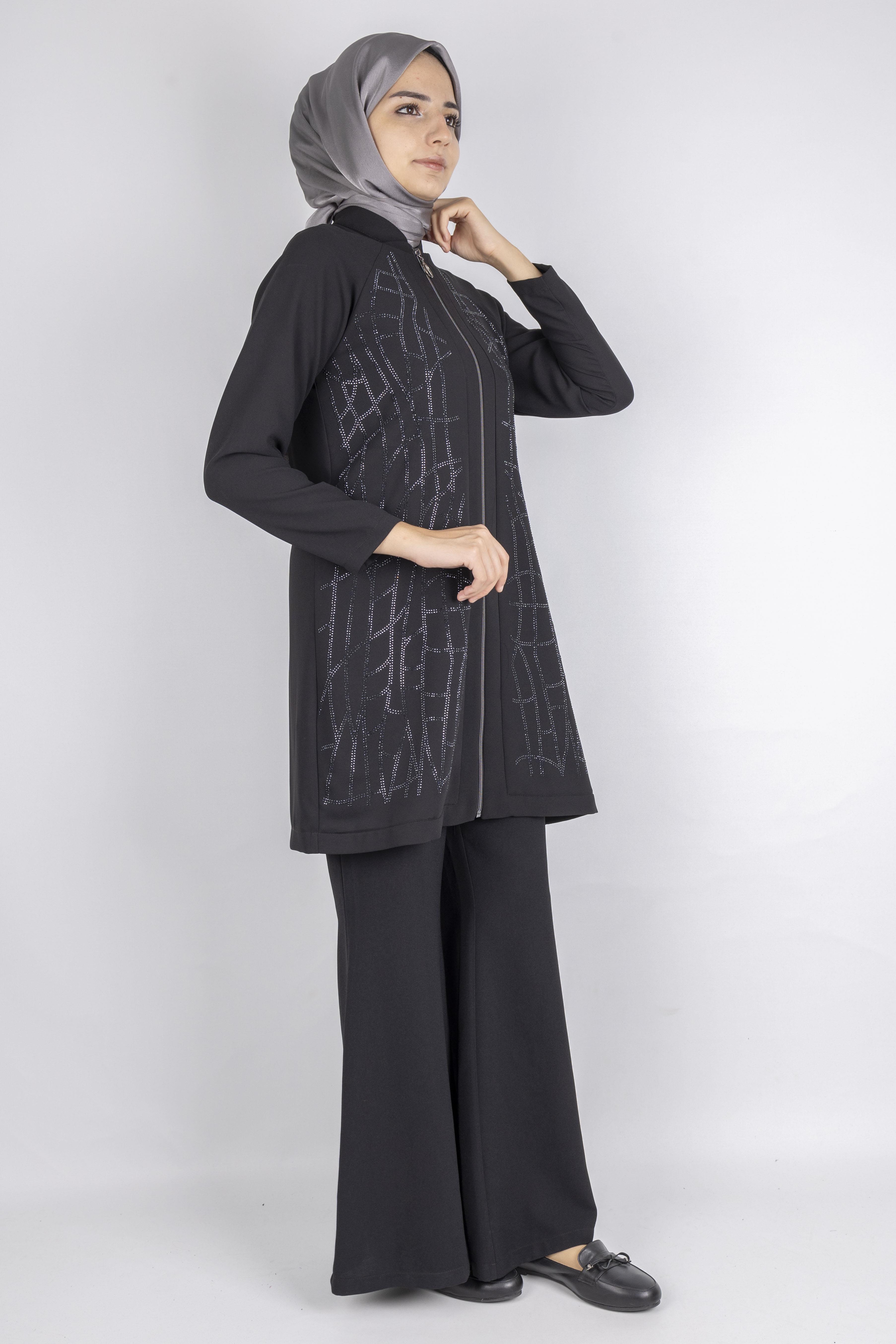 Çizgisel Taş Desenli krep kumaş ceket Siyah OTW2160