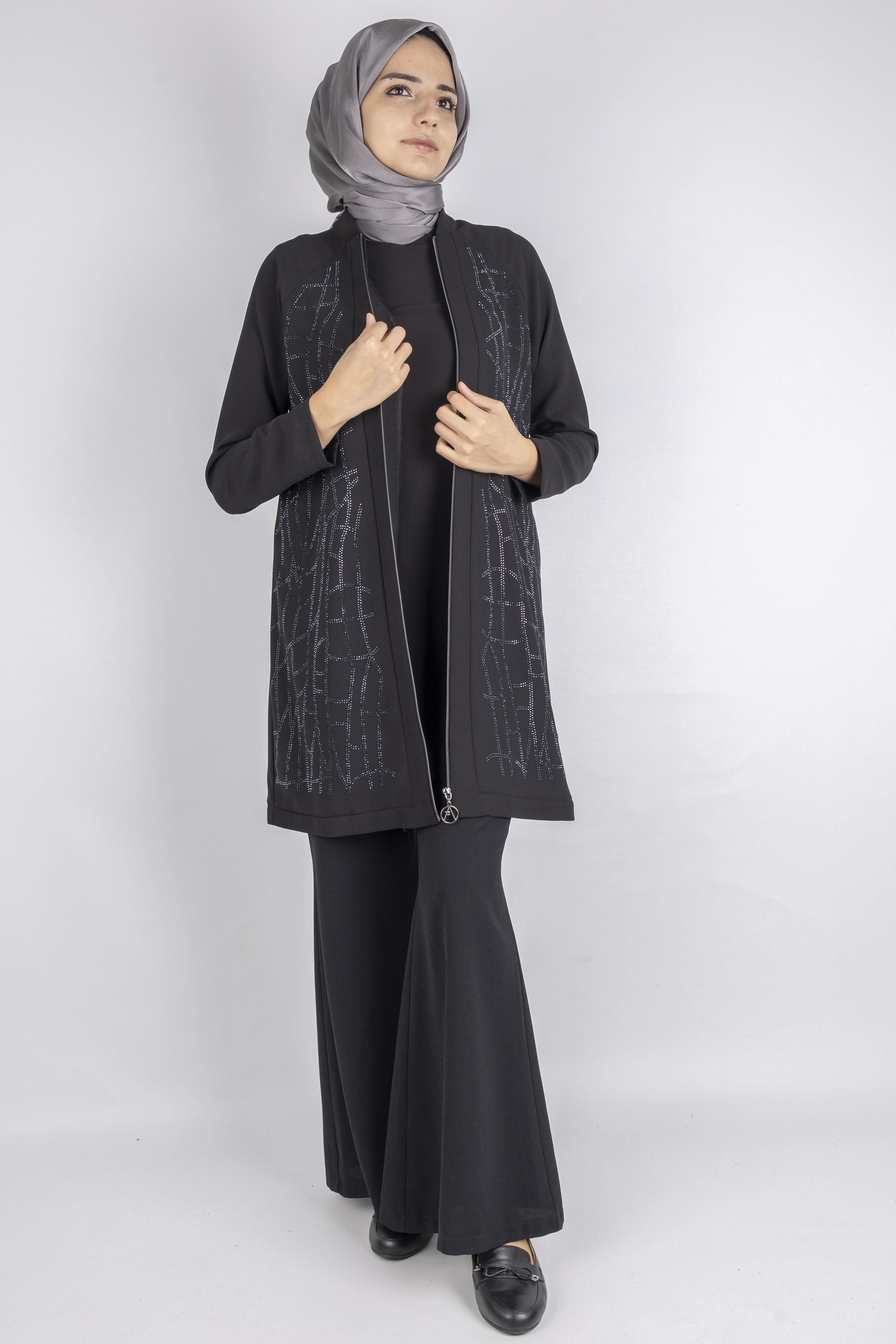 Çizgisel Taş Desenli krep kumaş ceket Siyah OTW2160