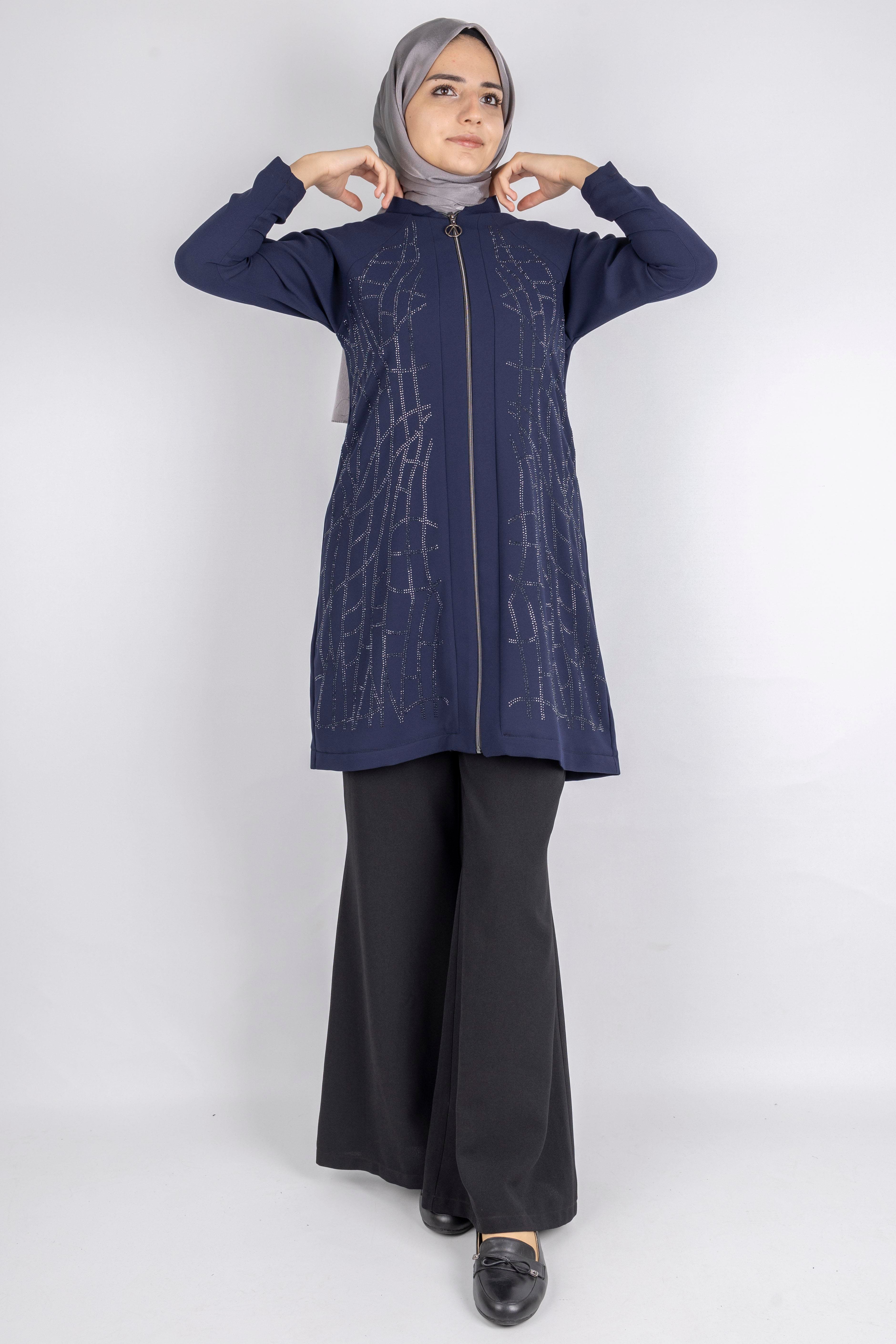 Çizgisel Taş Desenli krep kumaş ceket Lacivert OTW2160