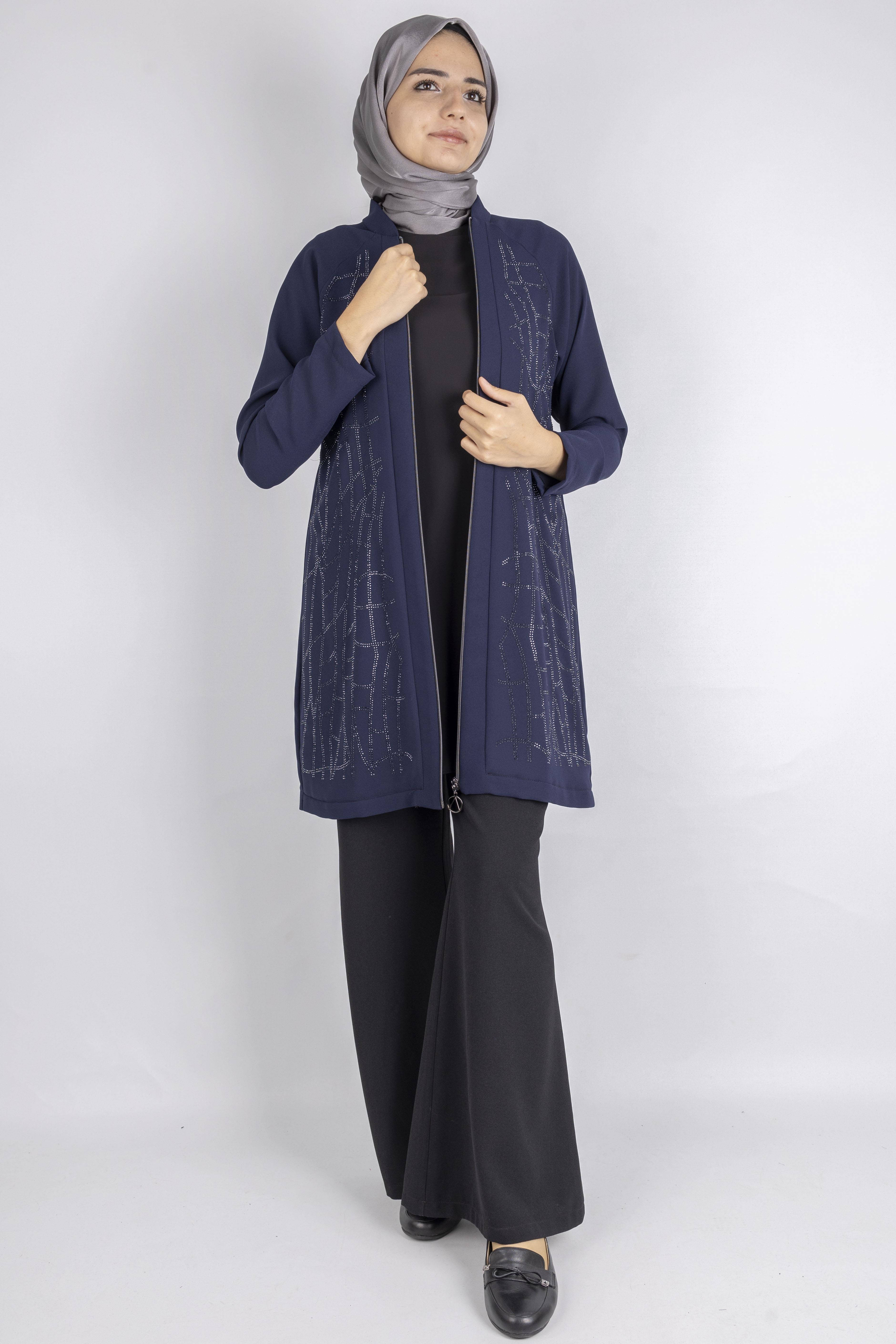 Çizgisel Taş Desenli krep kumaş ceket Lacivert OTW2160