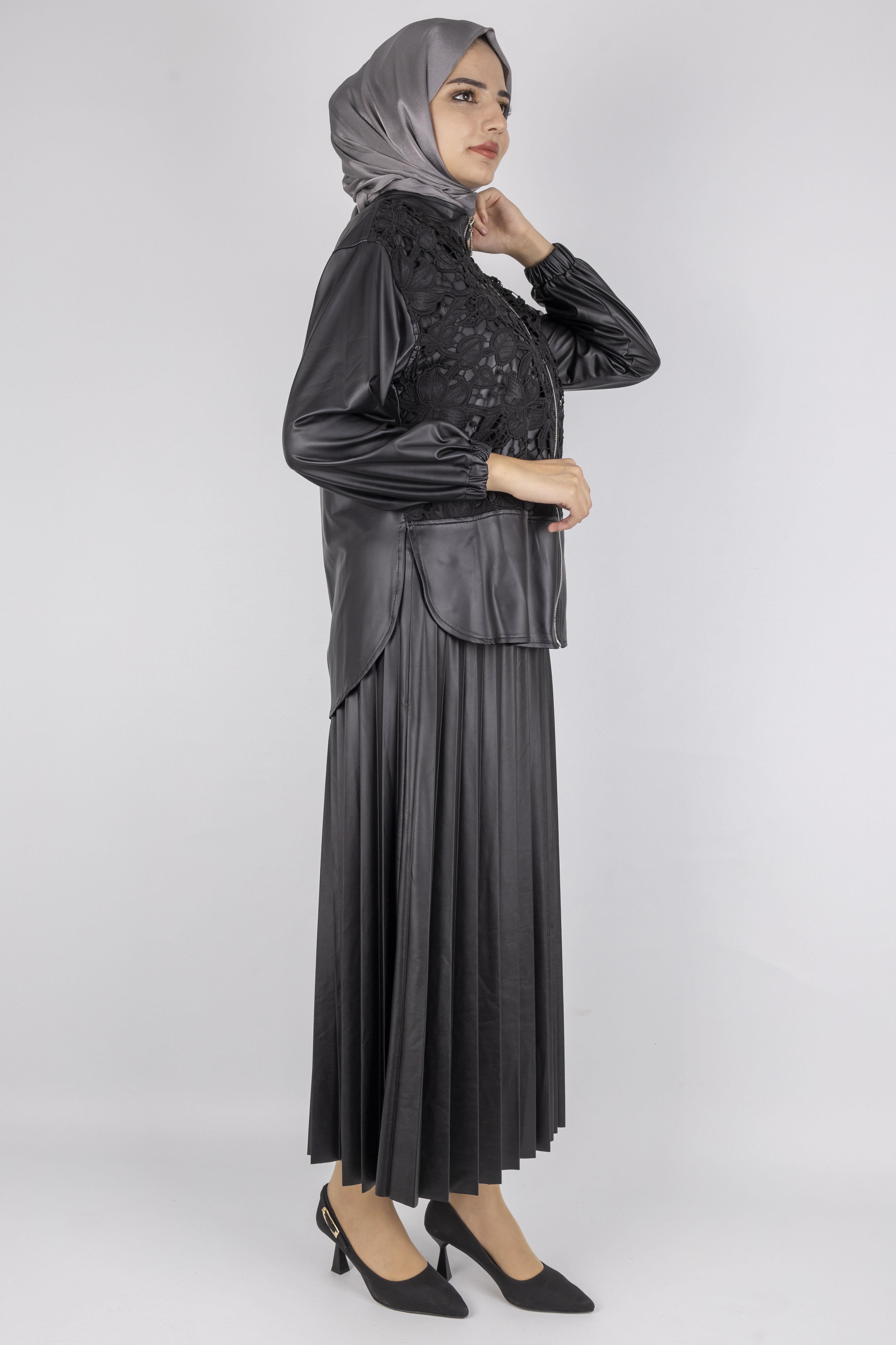 Dantel Detaylı Deri Etekli Takım Siyah OTW25518