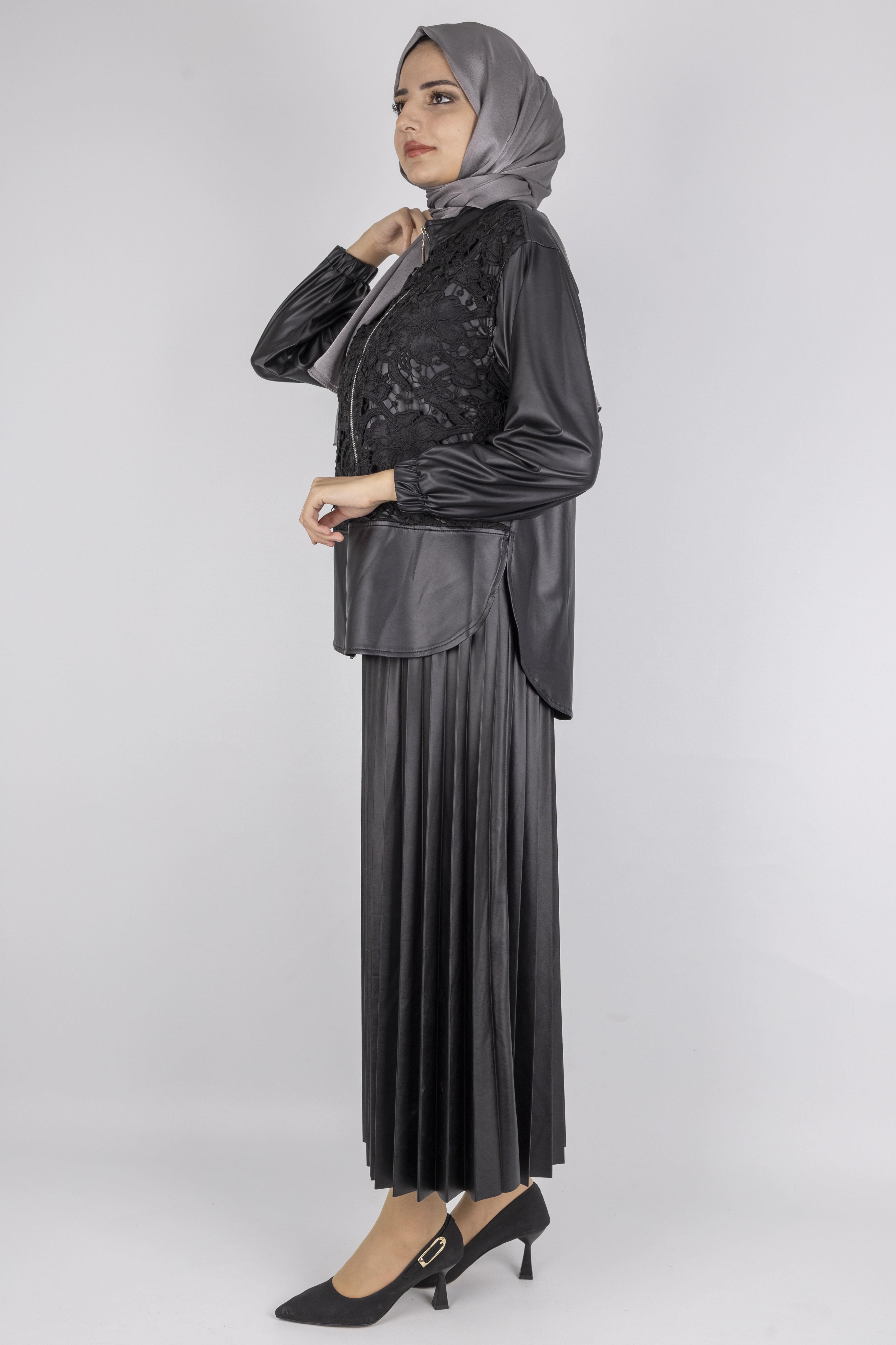 Dantel Detaylı Deri Etekli Takım Siyah OTW25518