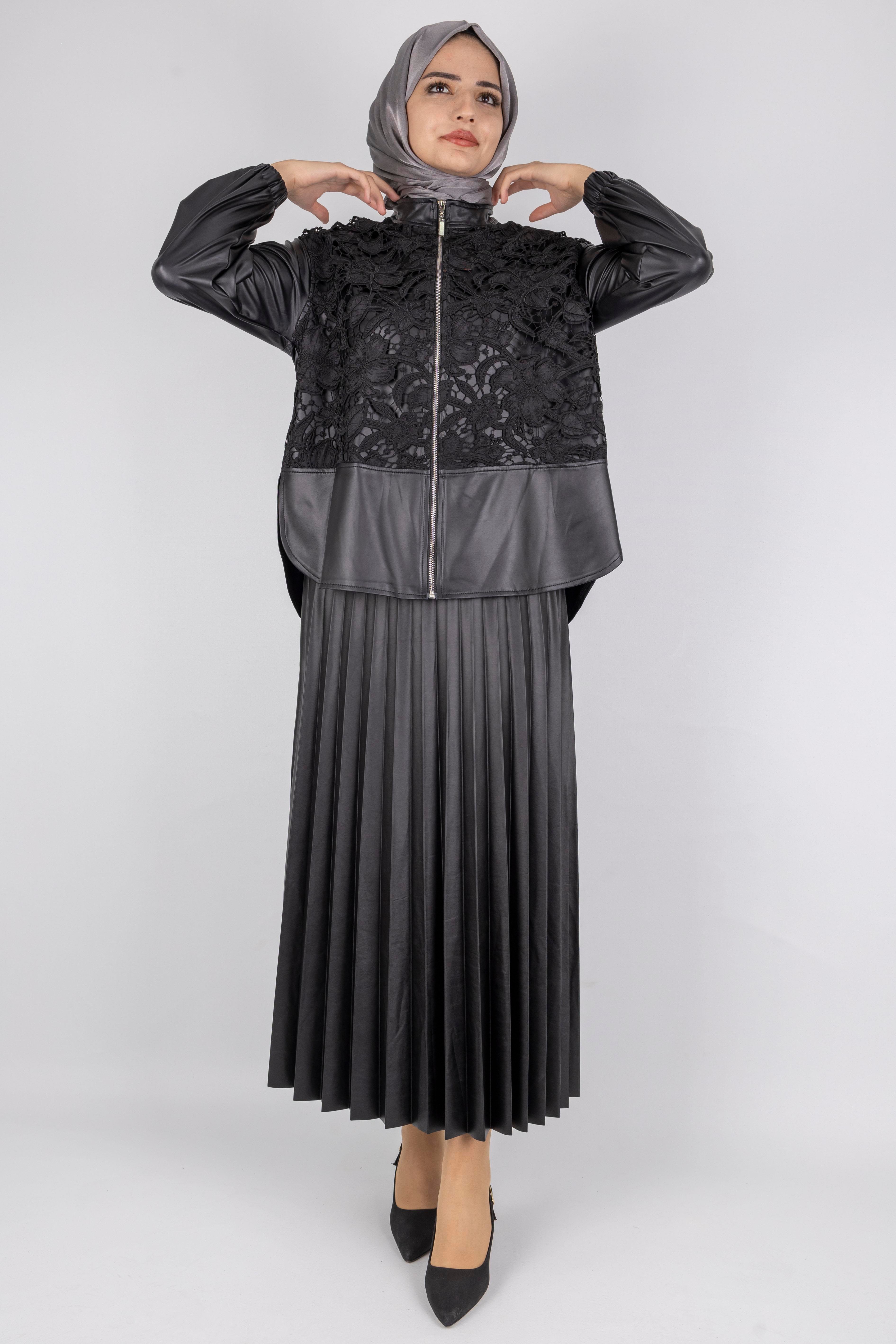 Dantel Detaylı Deri Etekli Takım Siyah OTW25518