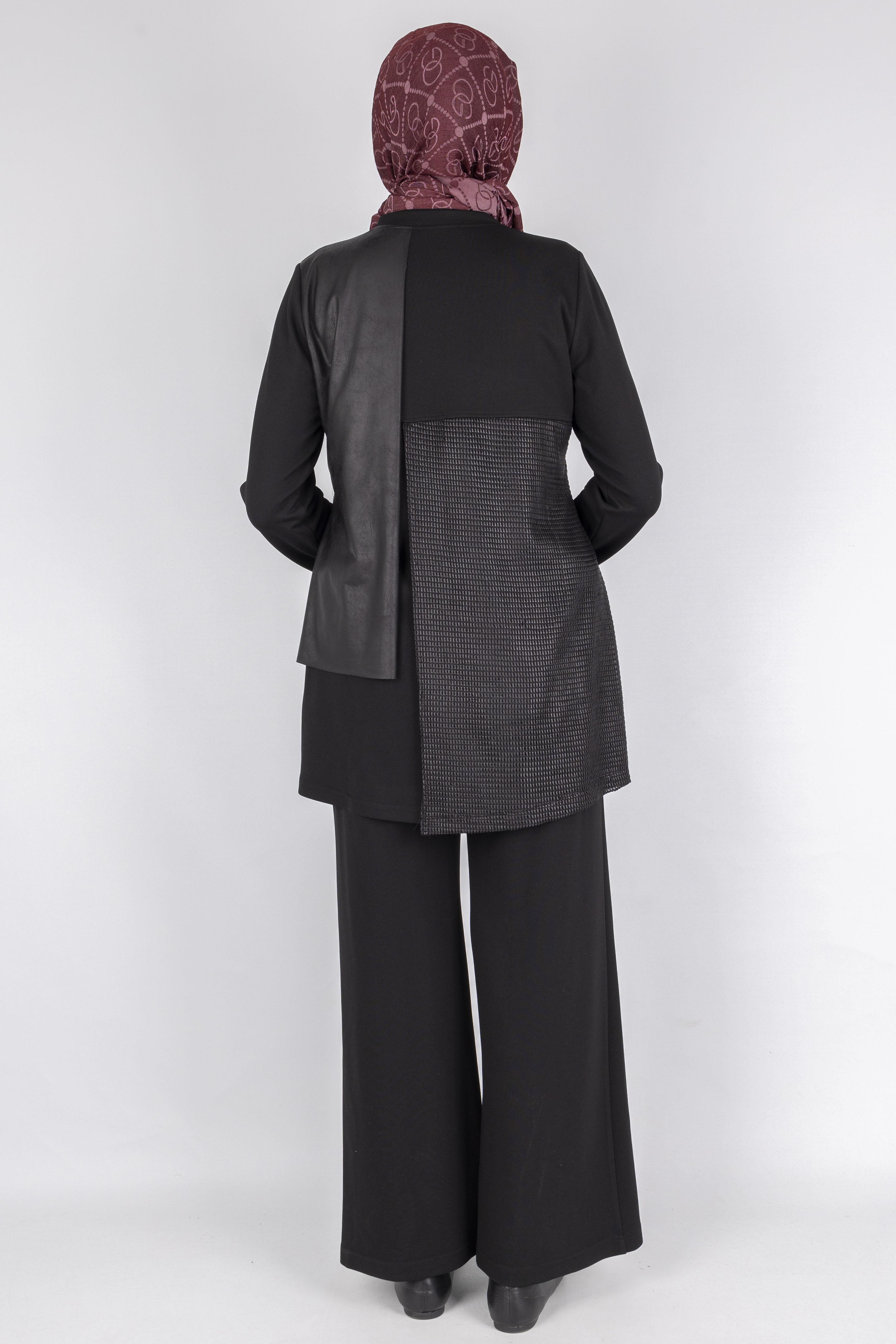 Deri Detaylı Pantolonlu Takım Siyah OTW1084