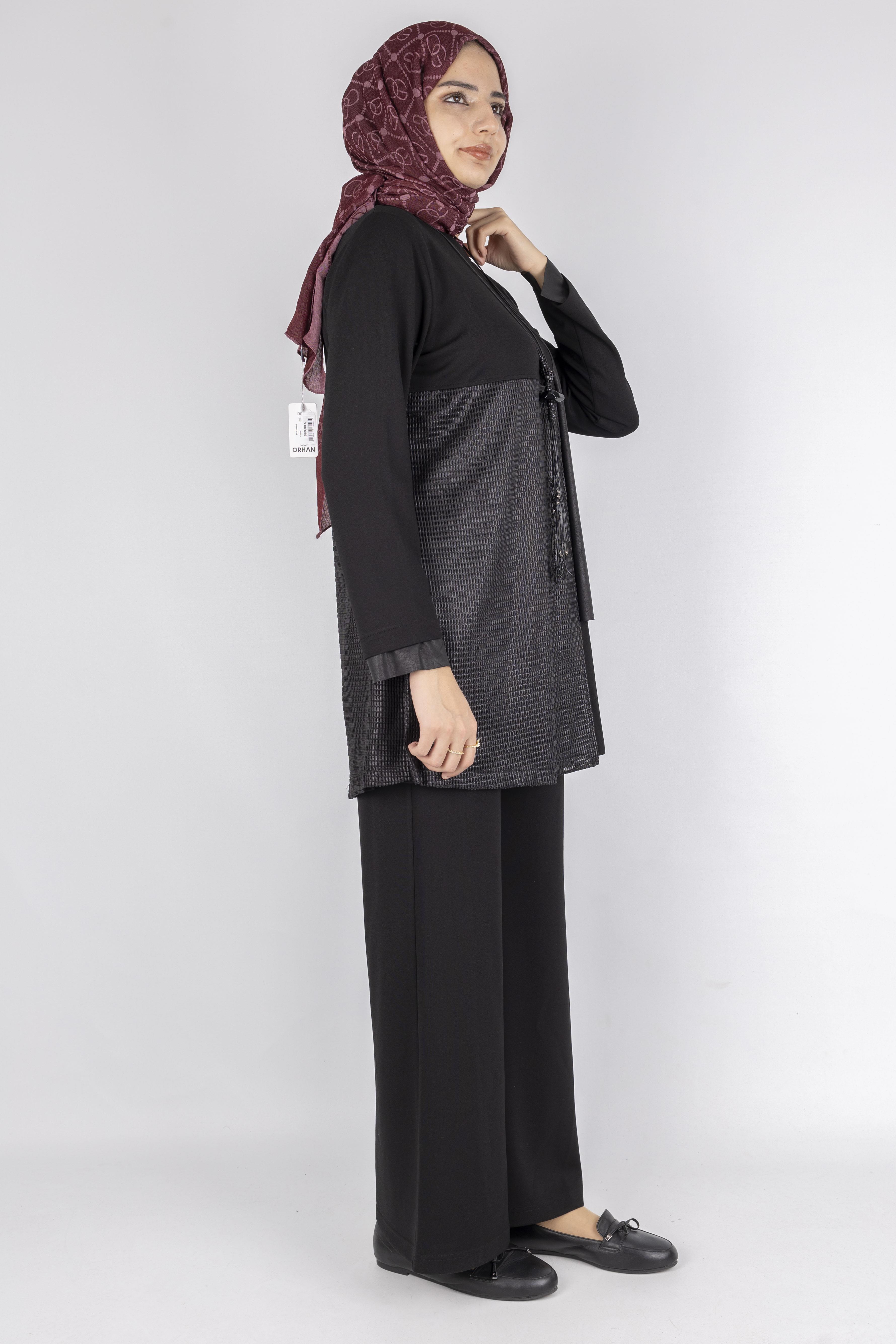 Deri Detaylı Pantolonlu Takım Siyah OTW1084