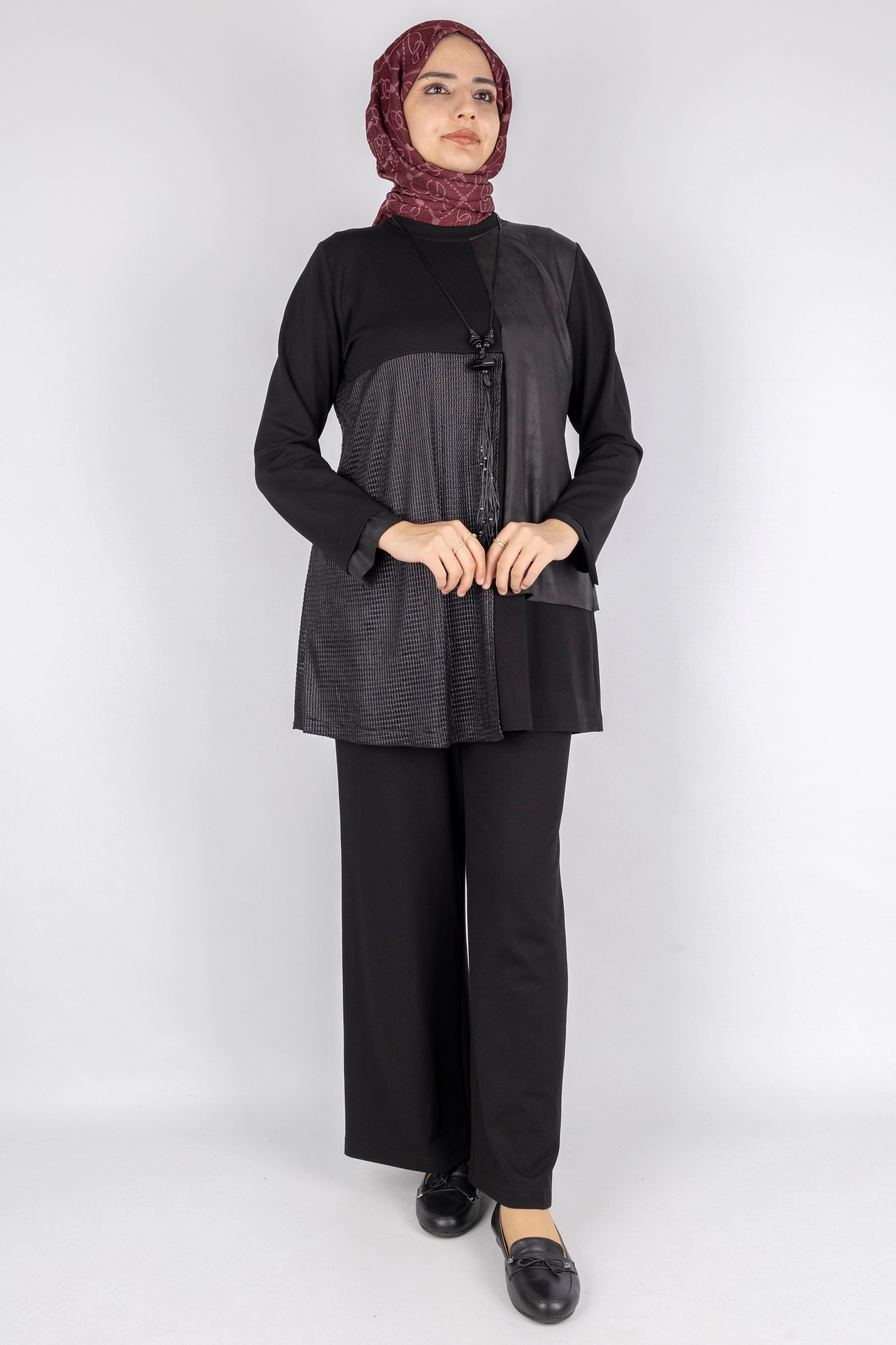 Deri Detaylı Pantolonlu Takım Siyah OTW1084