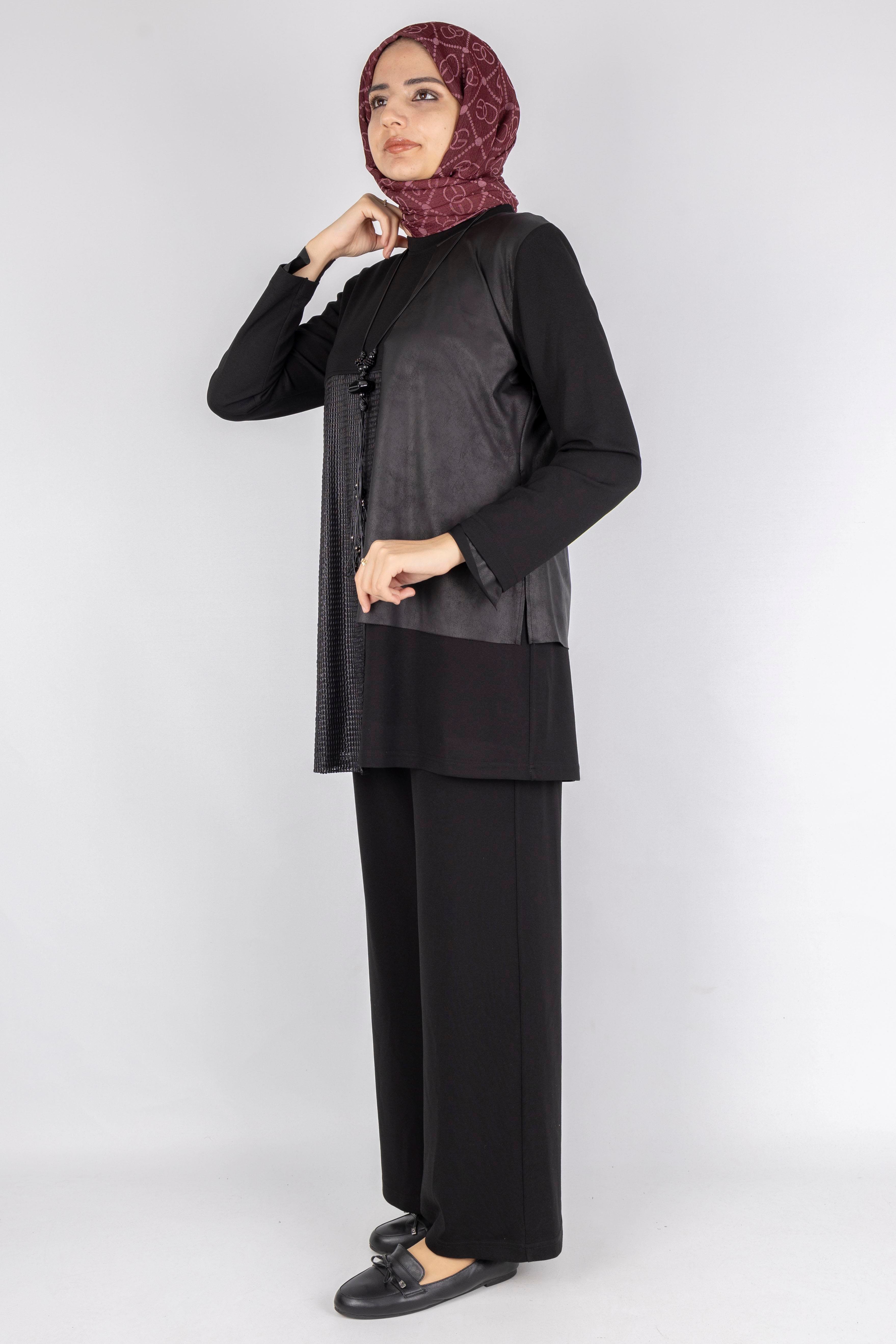 Deri Detaylı Pantolonlu Takım Siyah OTW1084