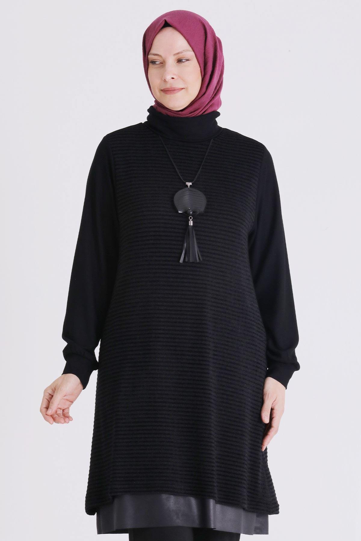 Deri Garnili Çizgili Dokulu Tunik Siyah OTW2063