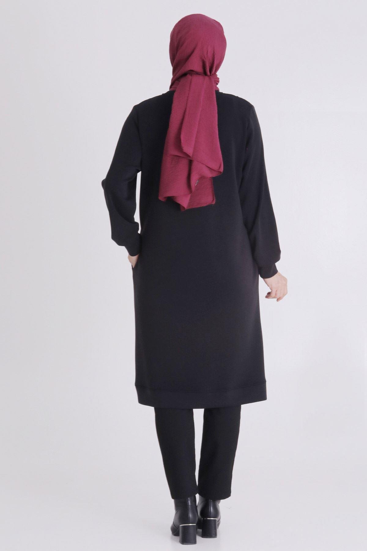 Deri Parçalı Büyük Beden Tesettür Tunik Siyah OTW20125