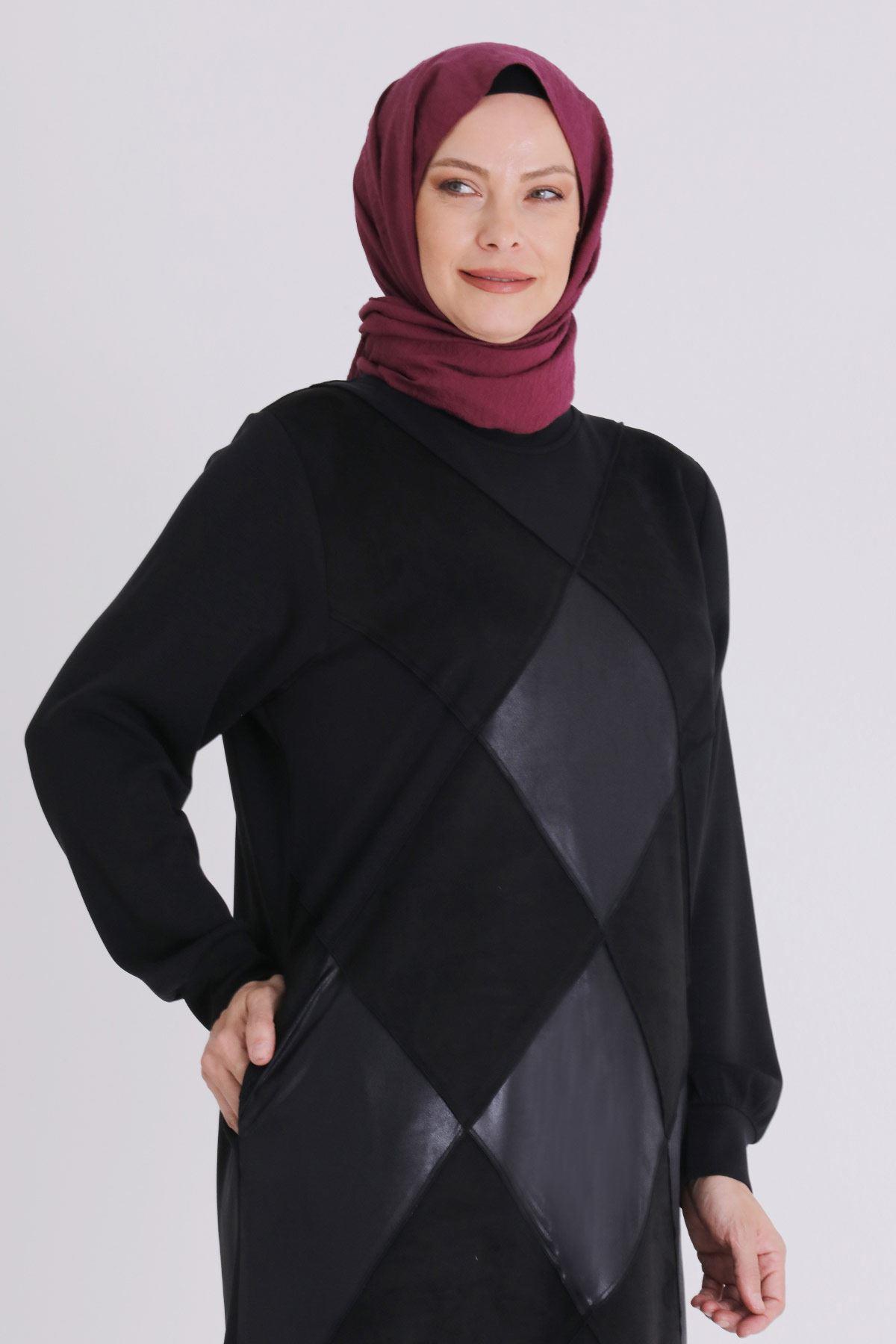 Deri Parçalı Büyük Beden Tesettür Tunik Siyah OTW20125