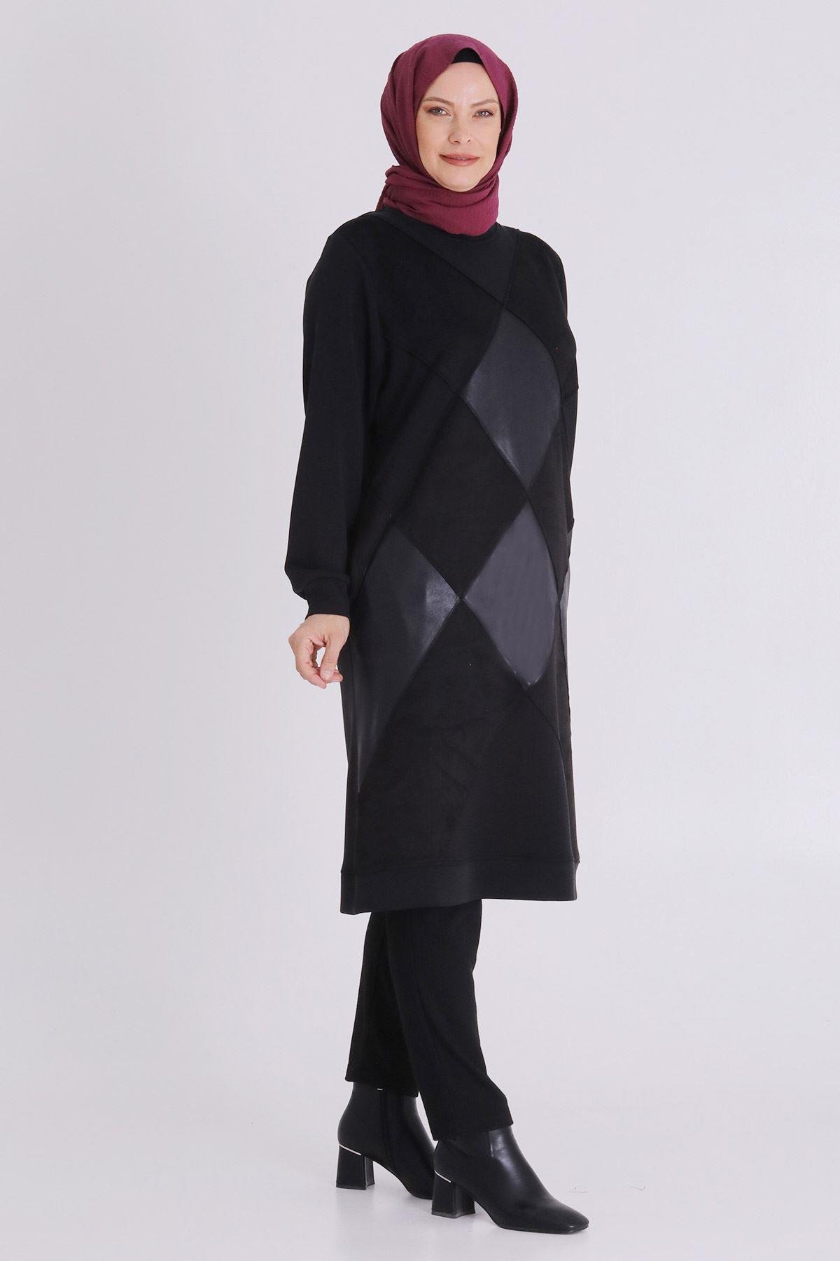 Deri Parçalı Büyük Beden Tesettür Tunik Siyah OTW20125