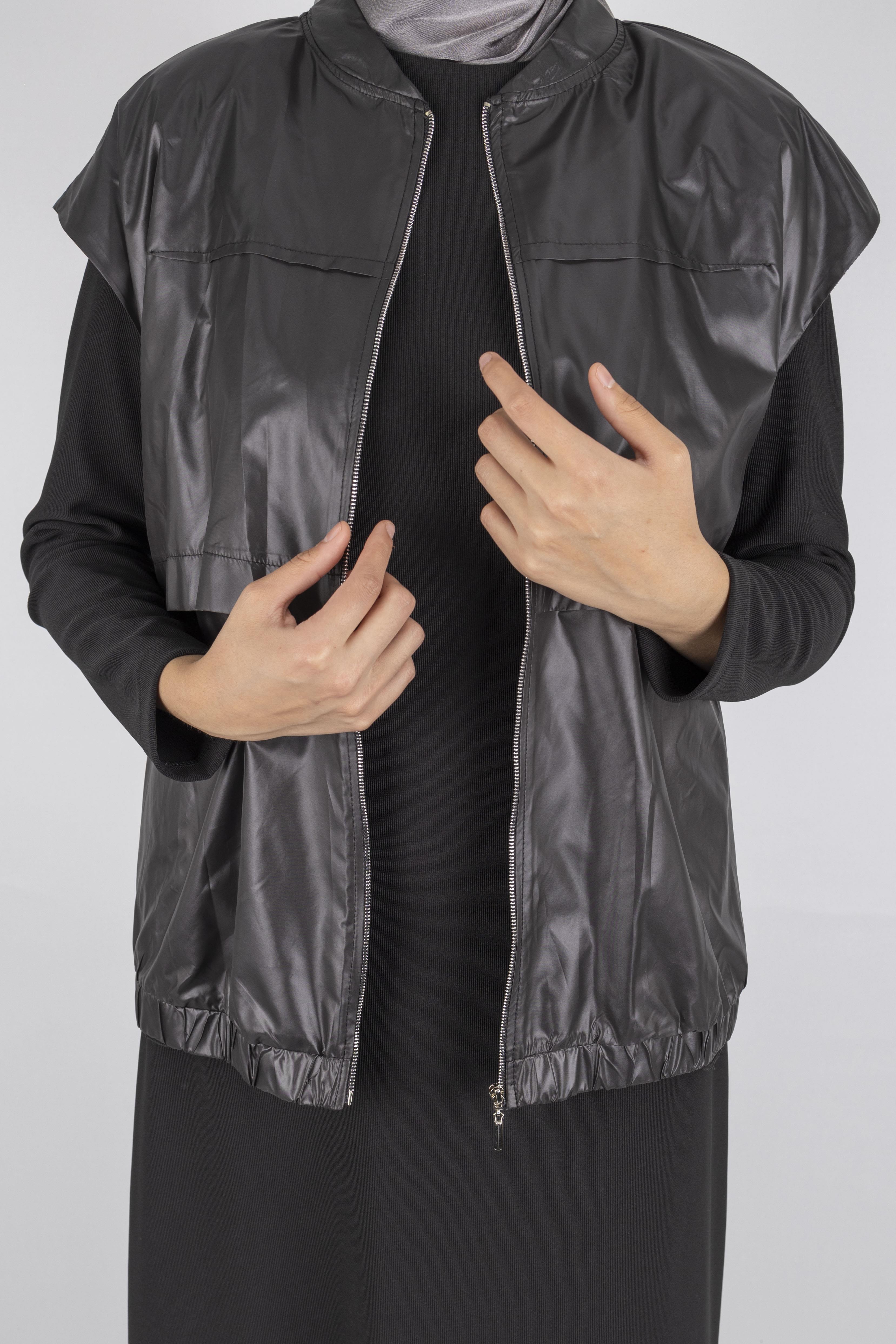 Deri Yelekli Tesettür Elbise Siyah OTW7260