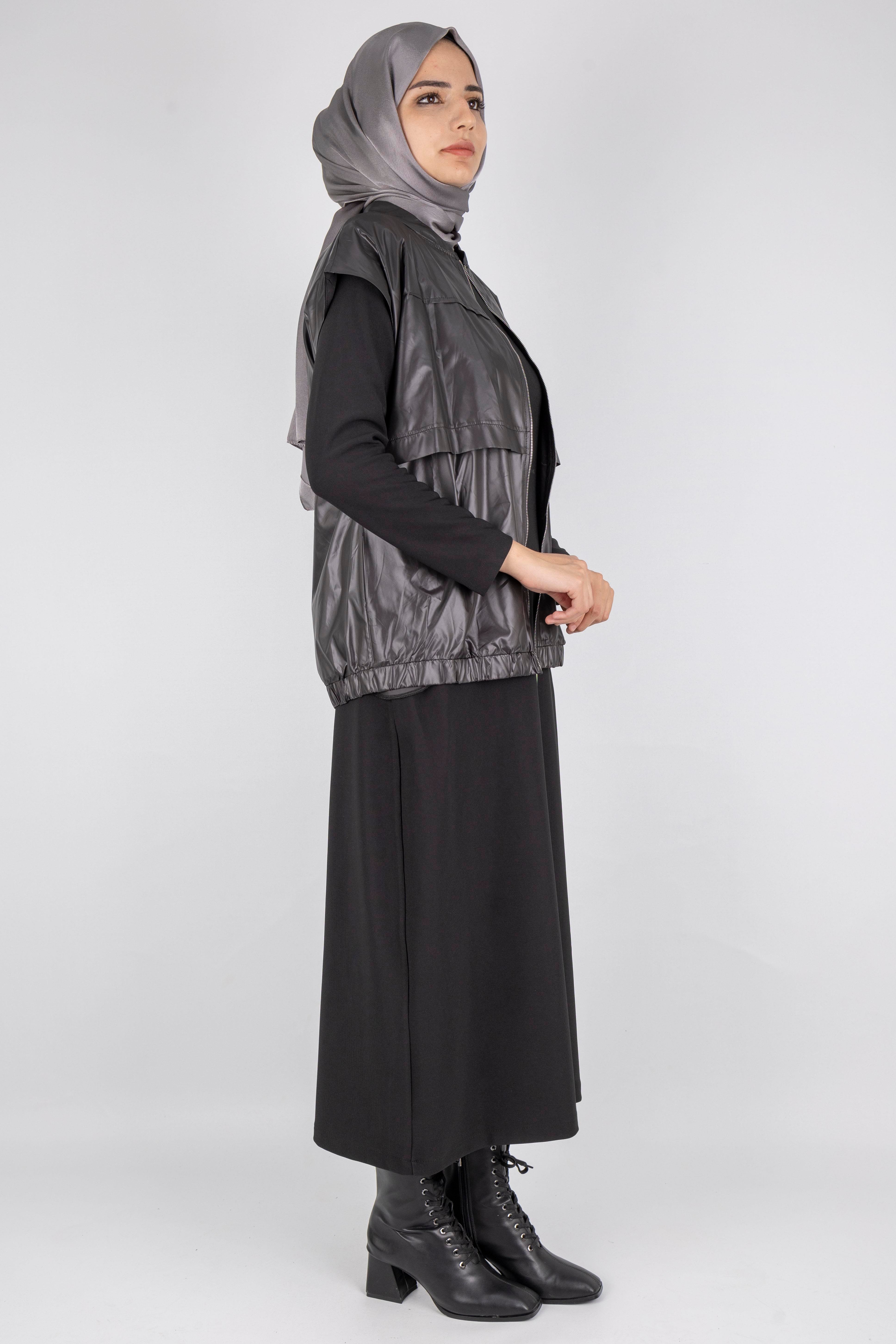 Deri Yelekli Tesettür Elbise Siyah OTW7260