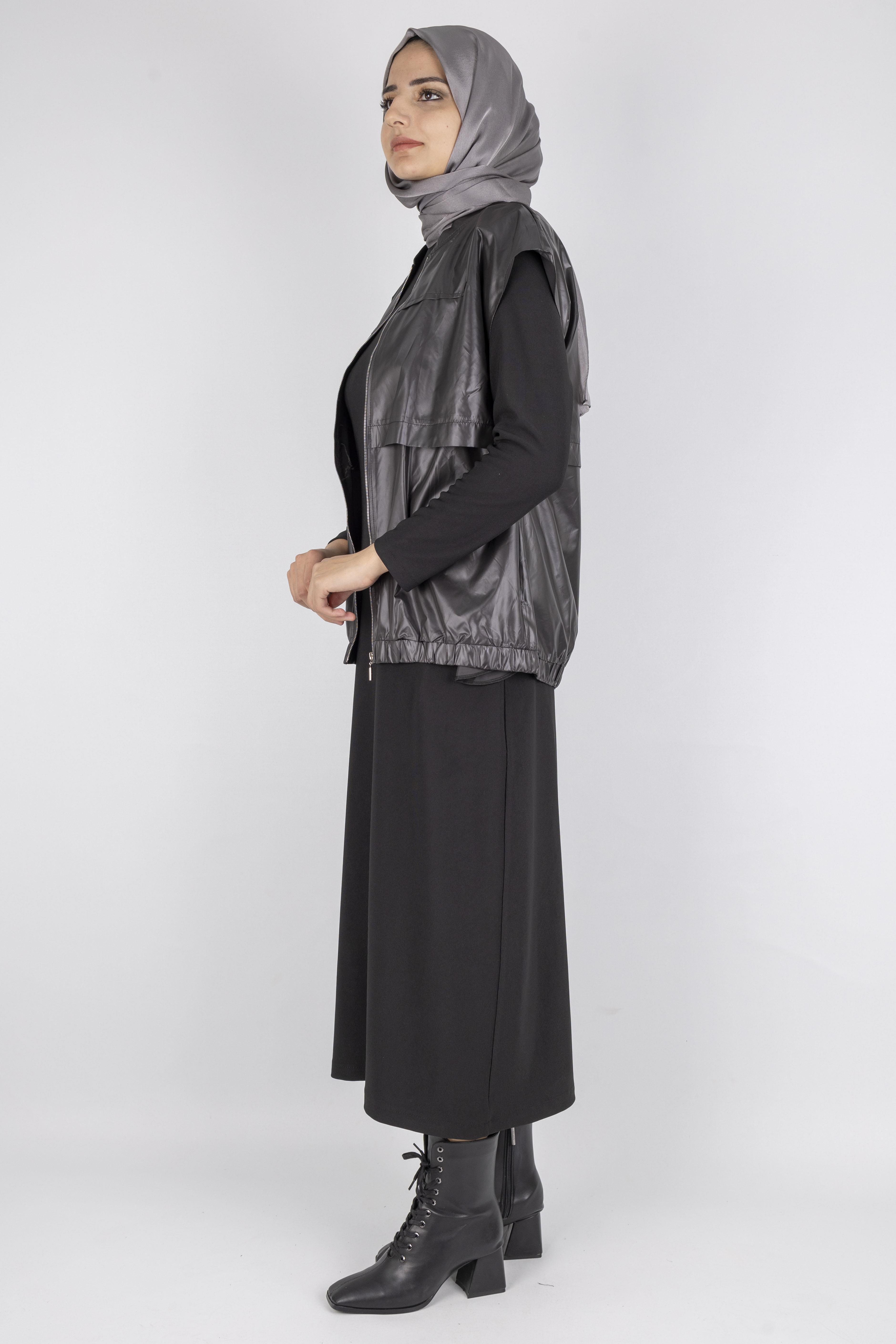 Deri Yelekli Tesettür Elbise Siyah OTW7260