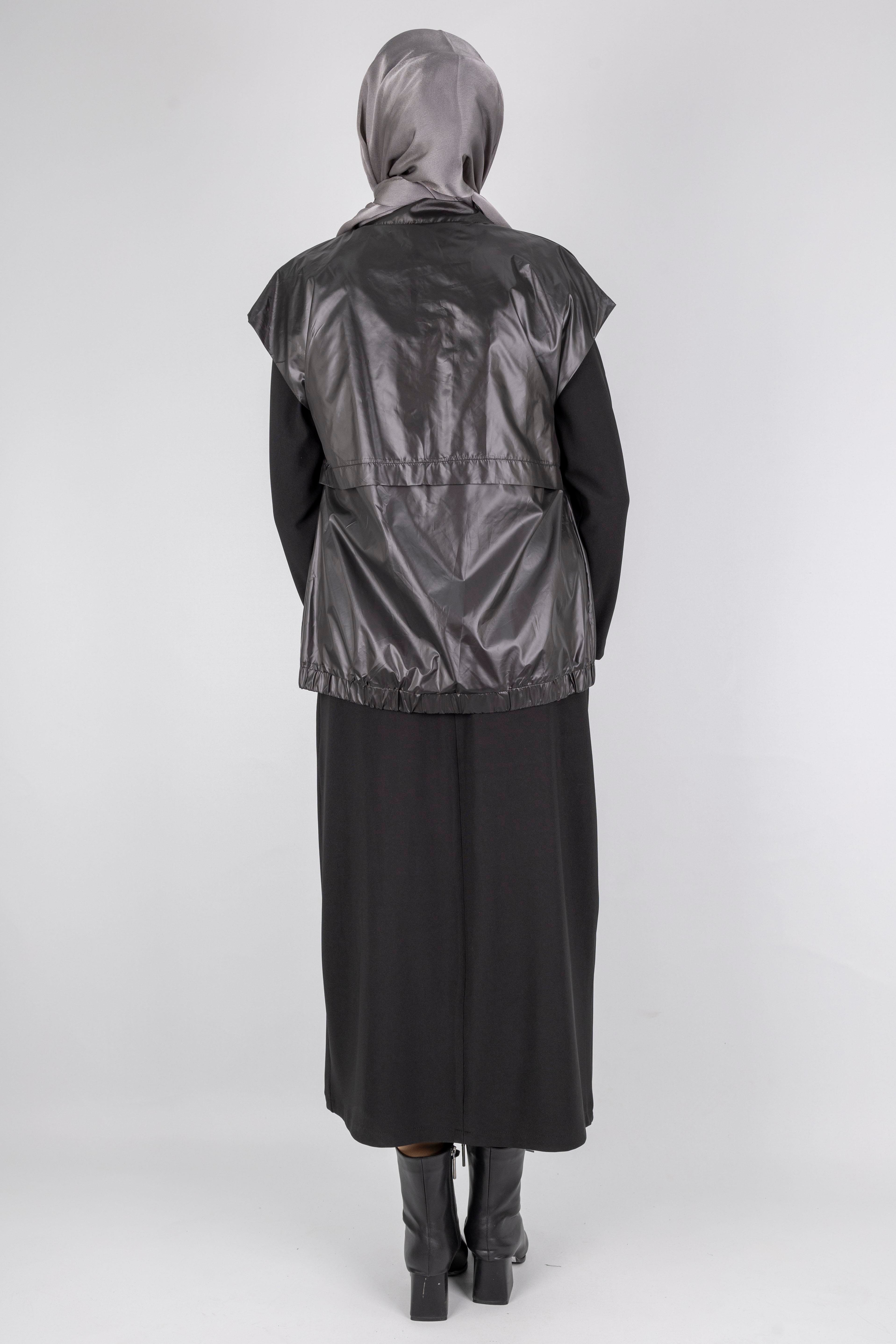 Deri Yelekli Tesettür Elbise Siyah OTW7260