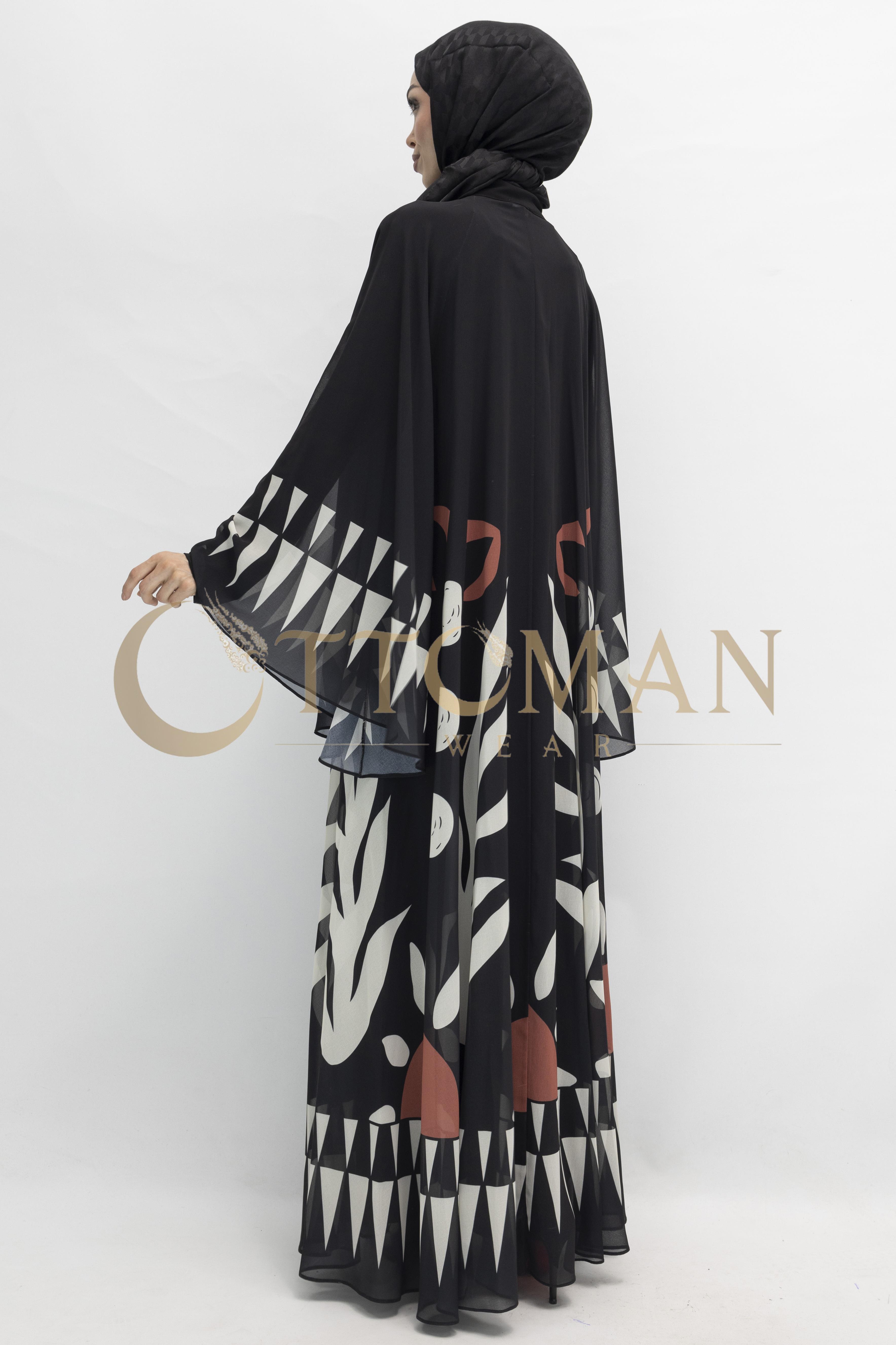 Desenli Büyük Beden Şifon Elbise Siyah-Bej OTW168