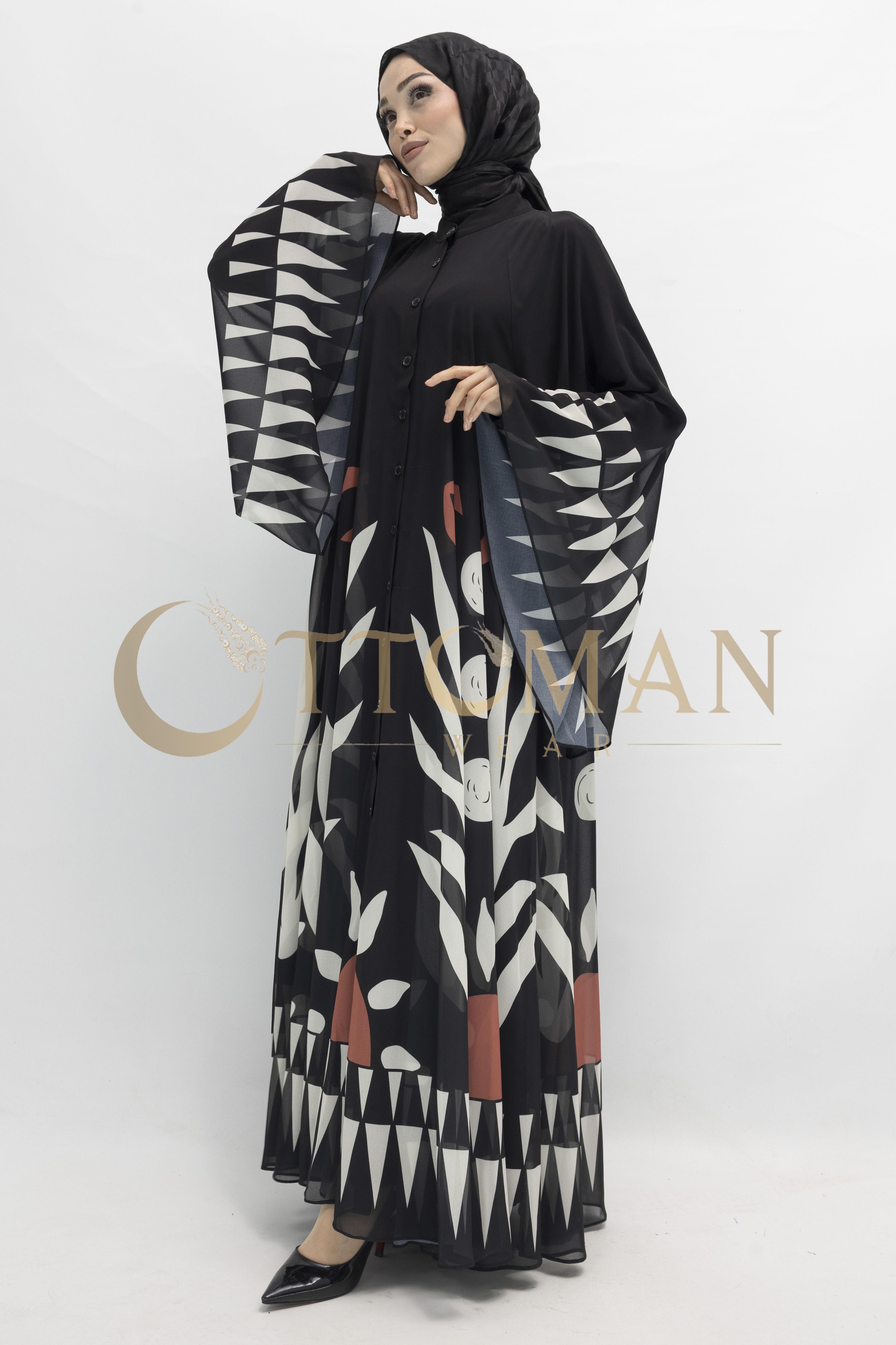 Desenli Büyük Beden Şifon Elbise Siyah-Bej OTW168