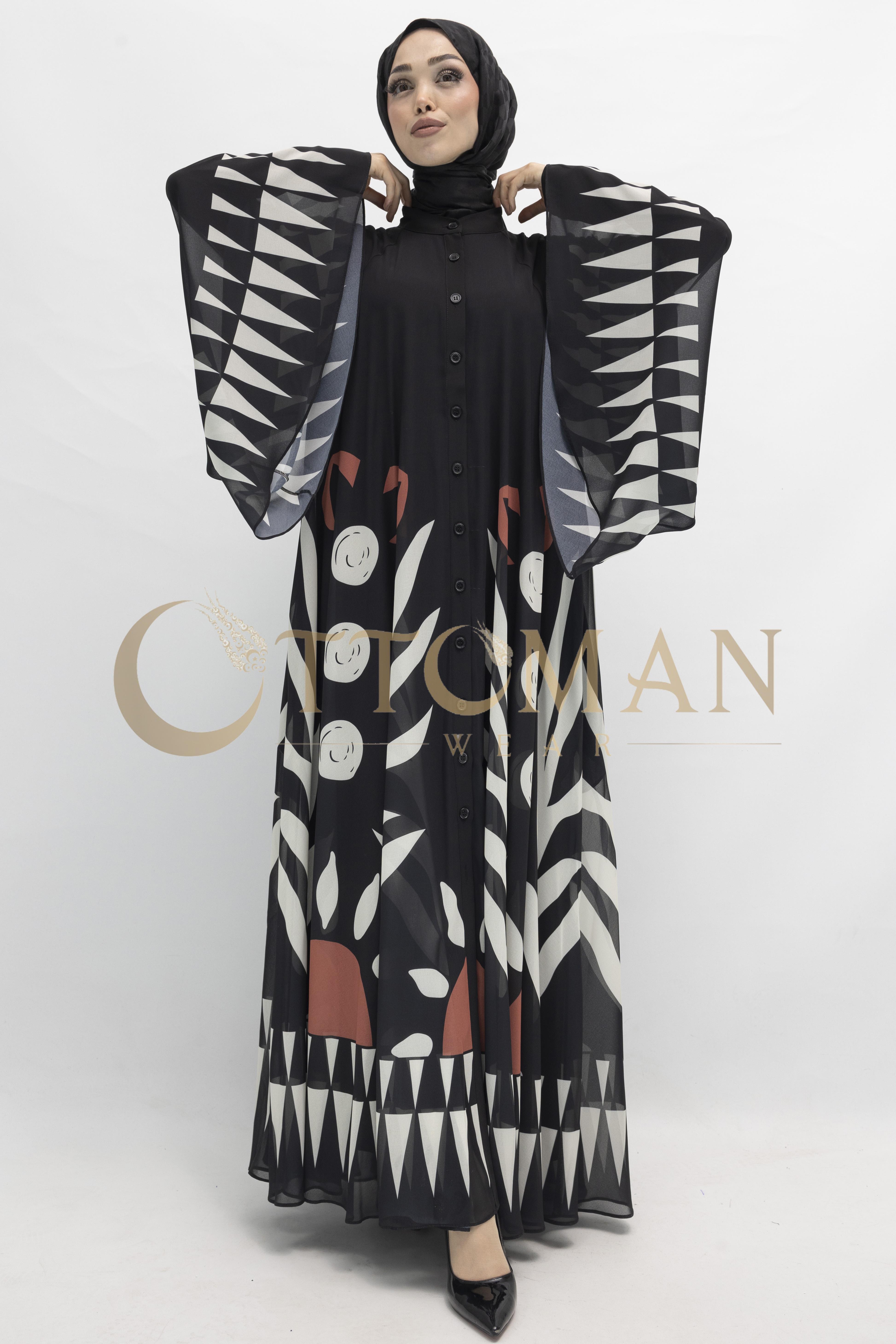 Desenli Büyük Beden Şifon Elbise Siyah-Bej OTW168