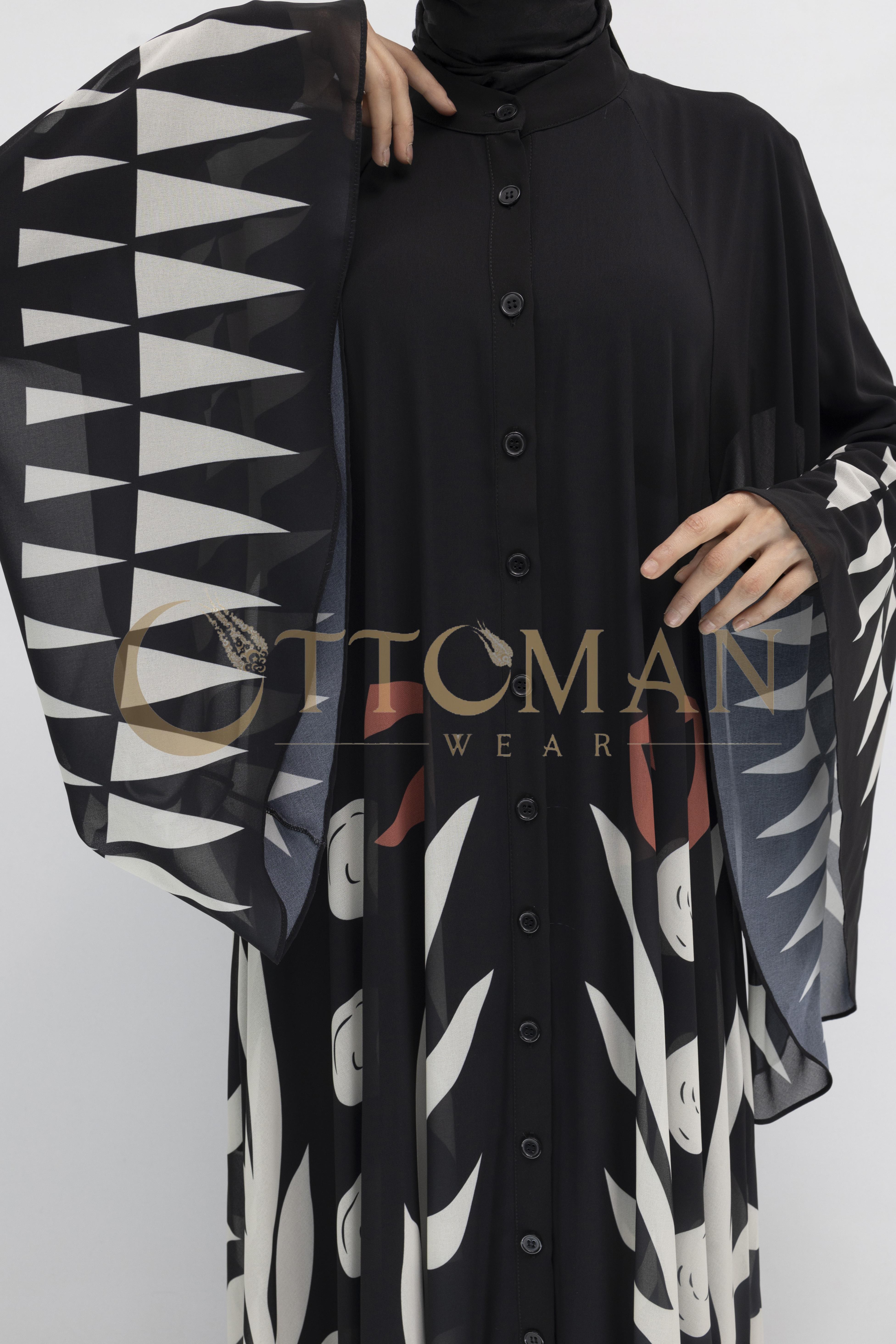 Desenli Büyük Beden Şifon Elbise Siyah-Bej OTW168