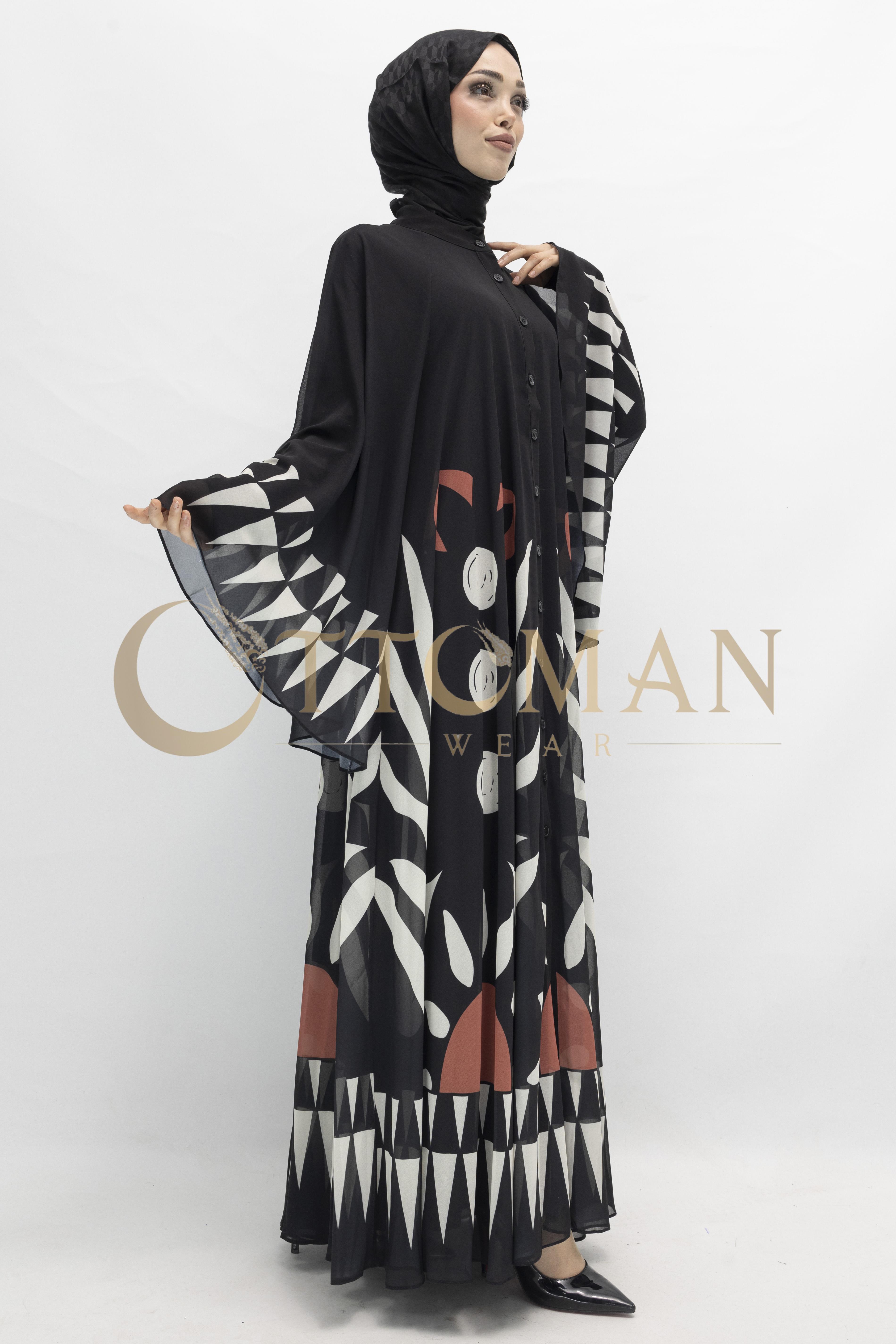 Desenli Büyük Beden Şifon Elbise Siyah-Bej OTW168