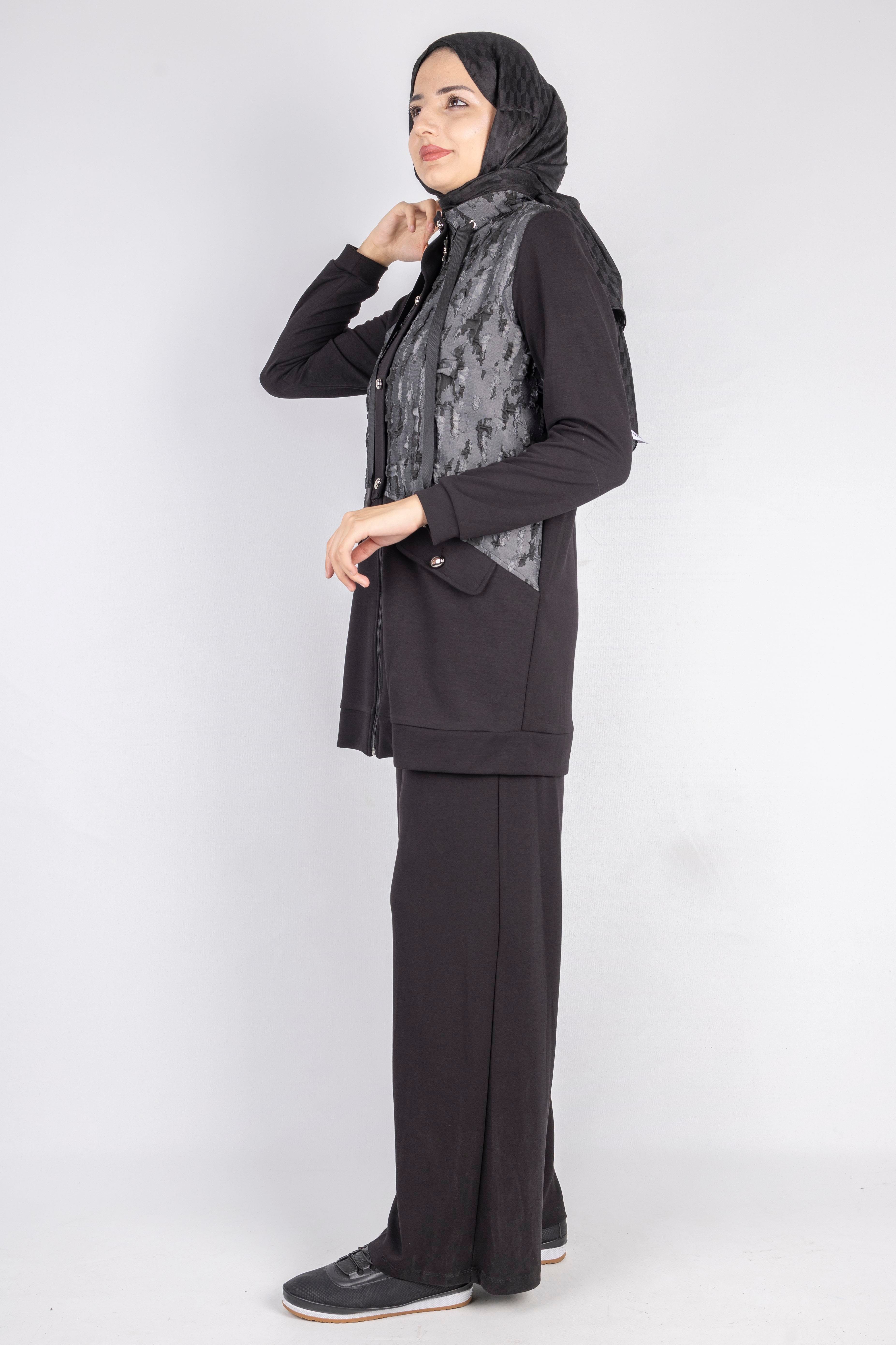 Desenli Fermuarlı Cep Detaylı Tesettür İkili Takım Siyah OTW2653