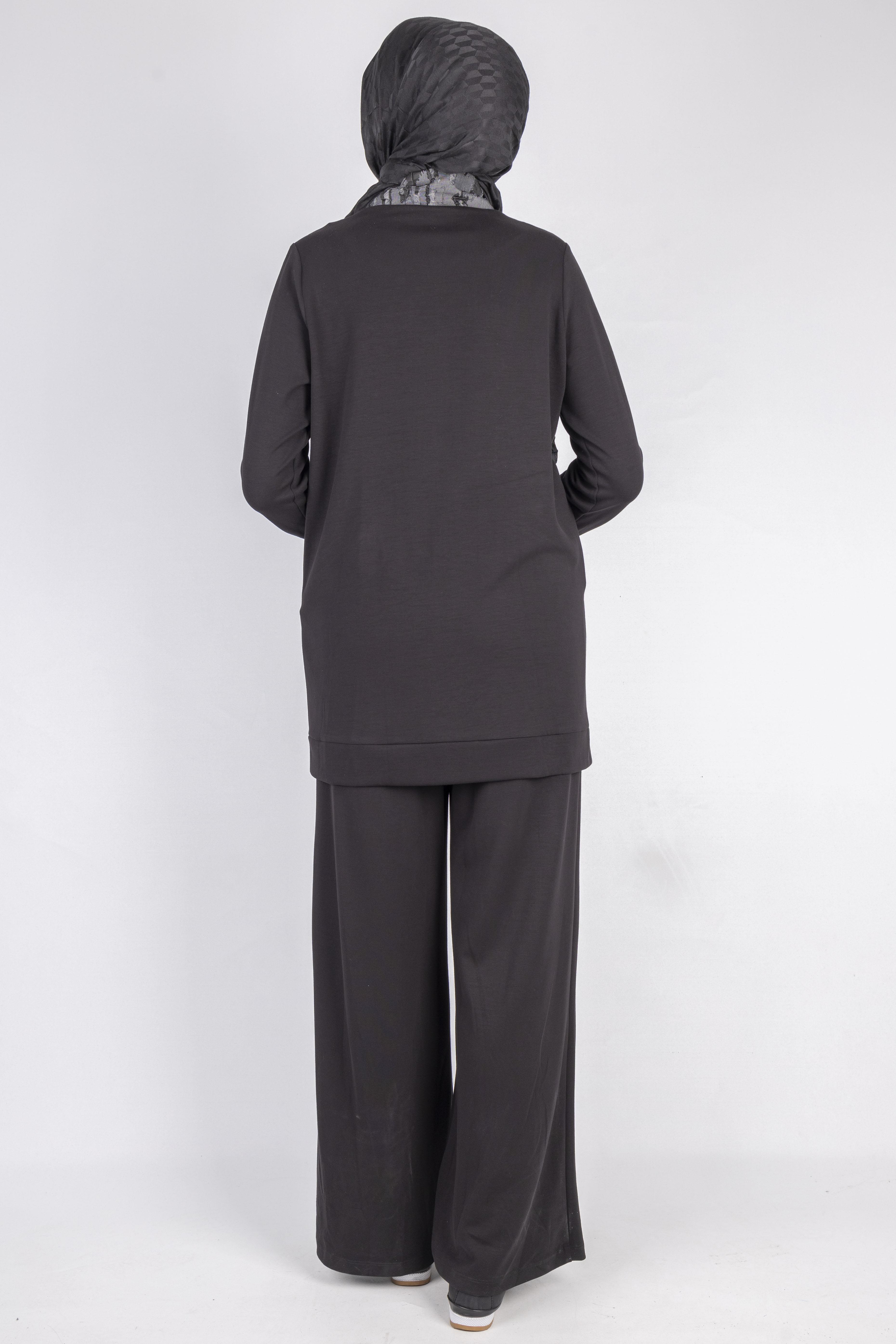 Desenli Fermuarlı Cep Detaylı Tesettür İkili Takım Siyah OTW2653