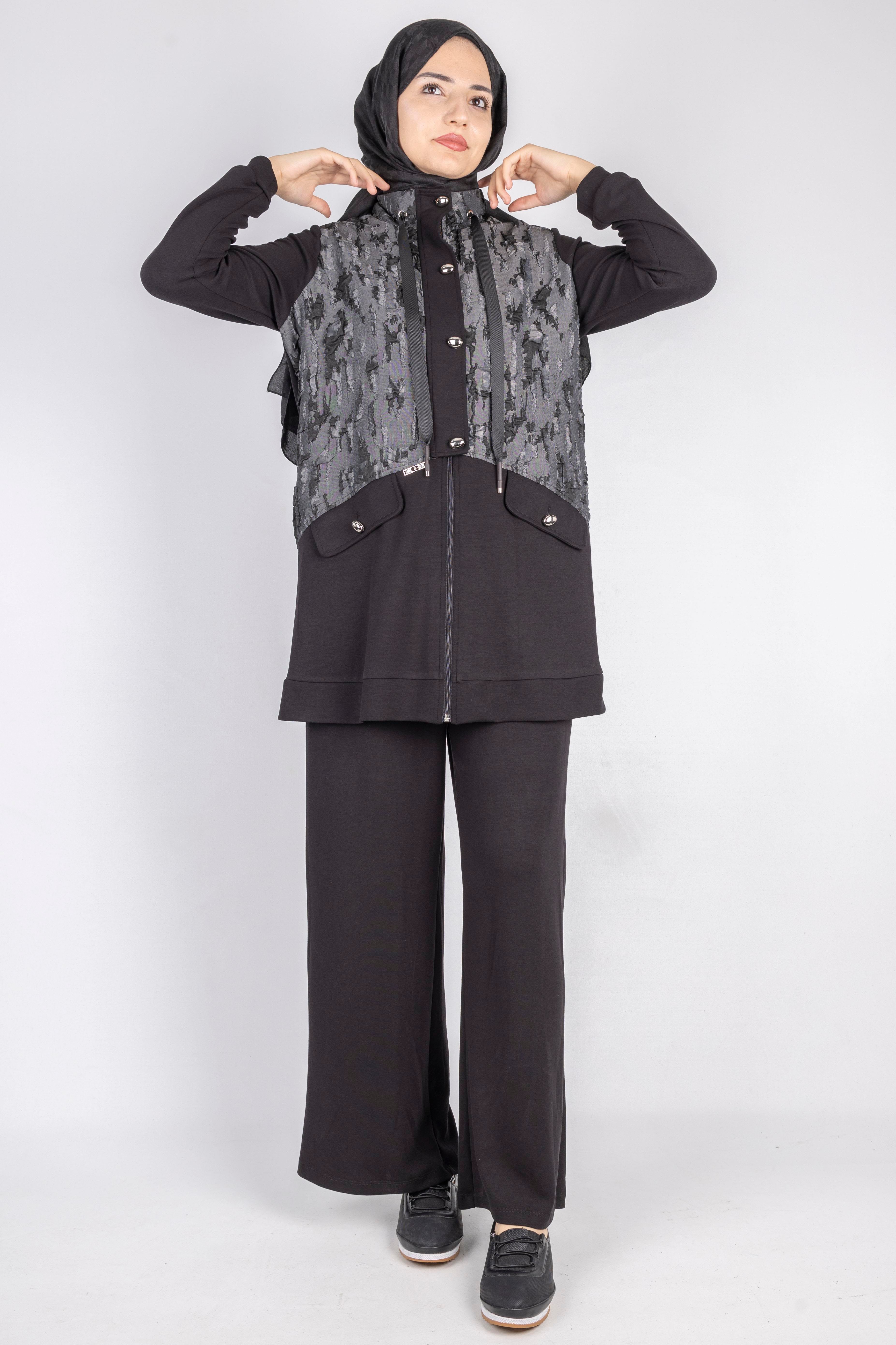 Desenli Fermuarlı Cep Detaylı Tesettür İkili Takım Siyah OTW2653