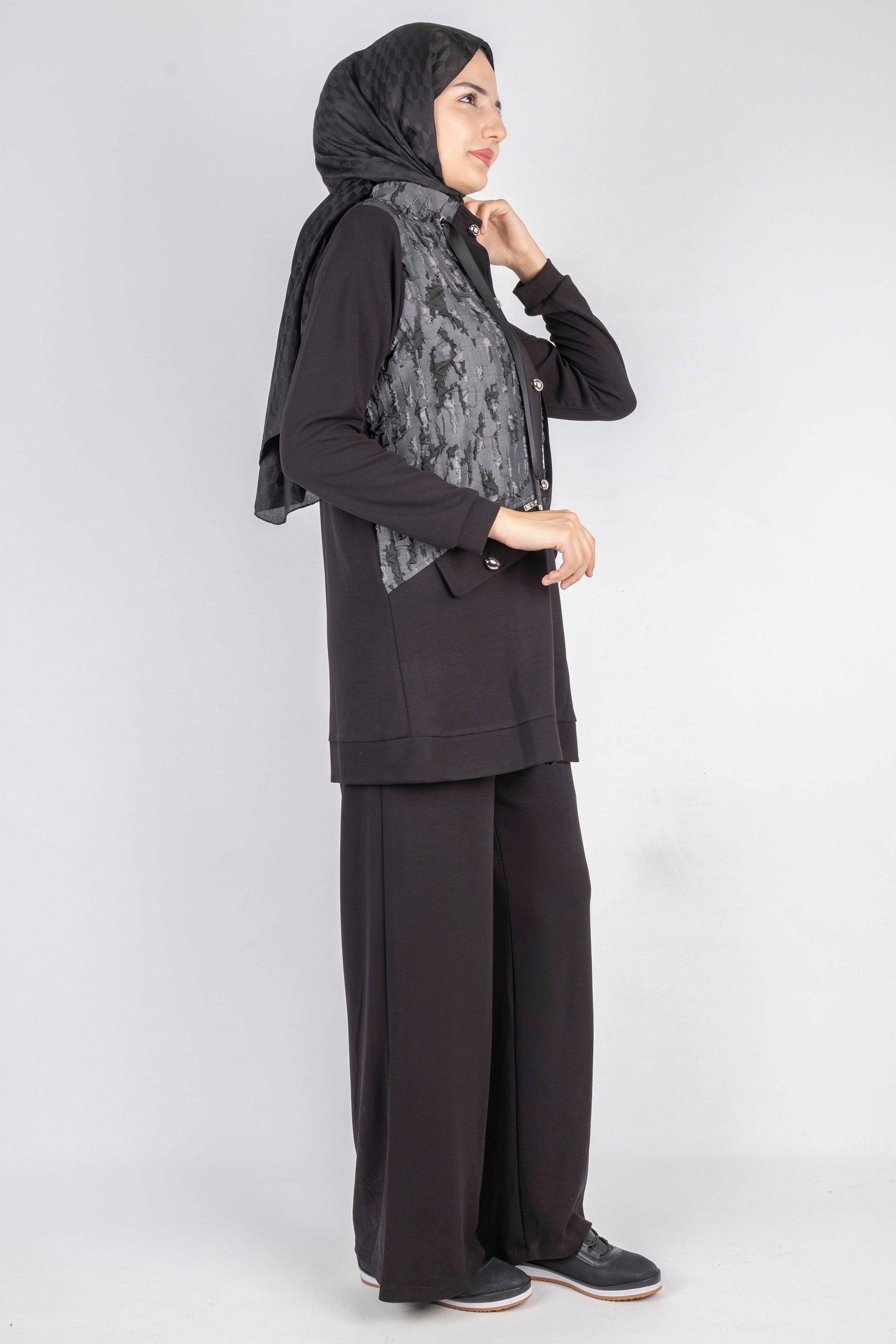 Desenli Fermuarlı Cep Detaylı Tesettür İkili Takım Siyah OTW2653